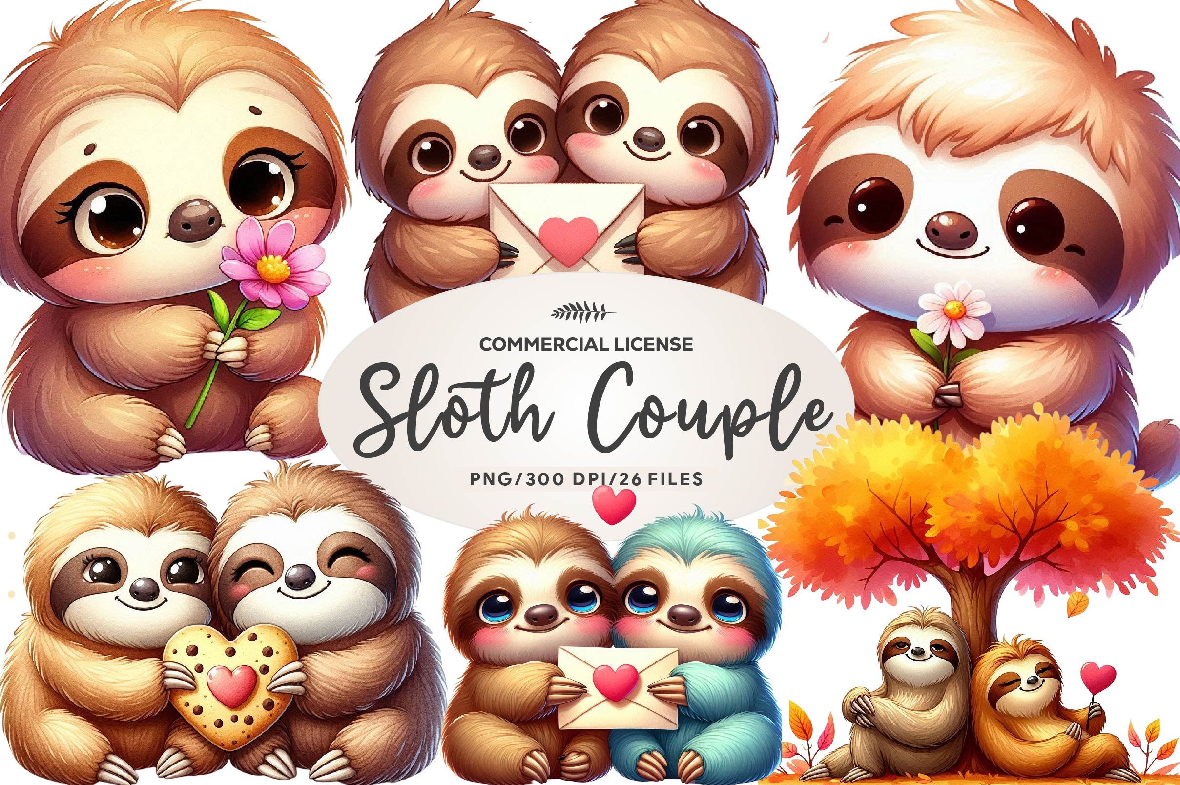 Cute Sloth Couple Water Color Clipart Bundle
