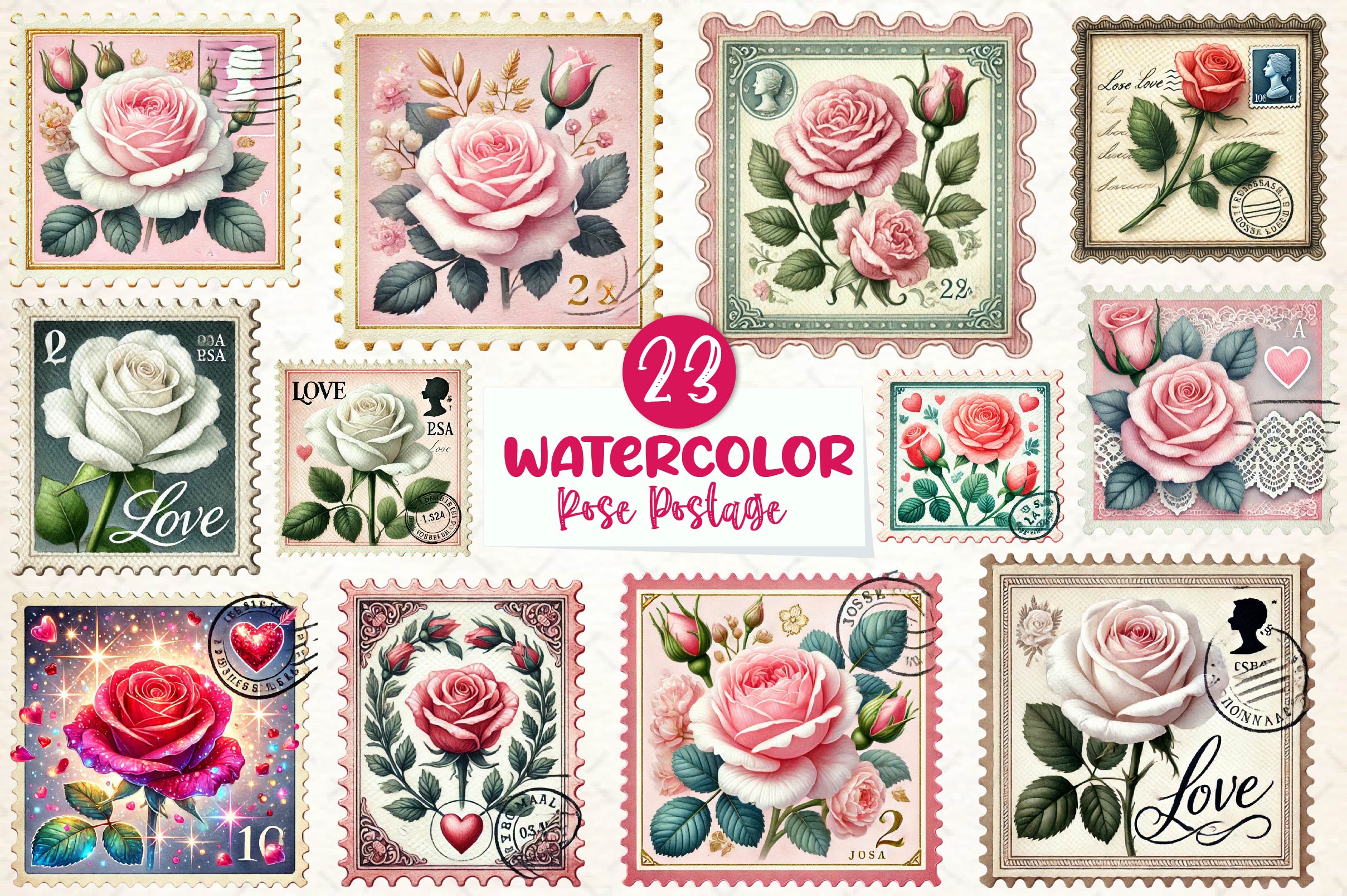 Valentine Rose Postage Stamp Clipart Bundle