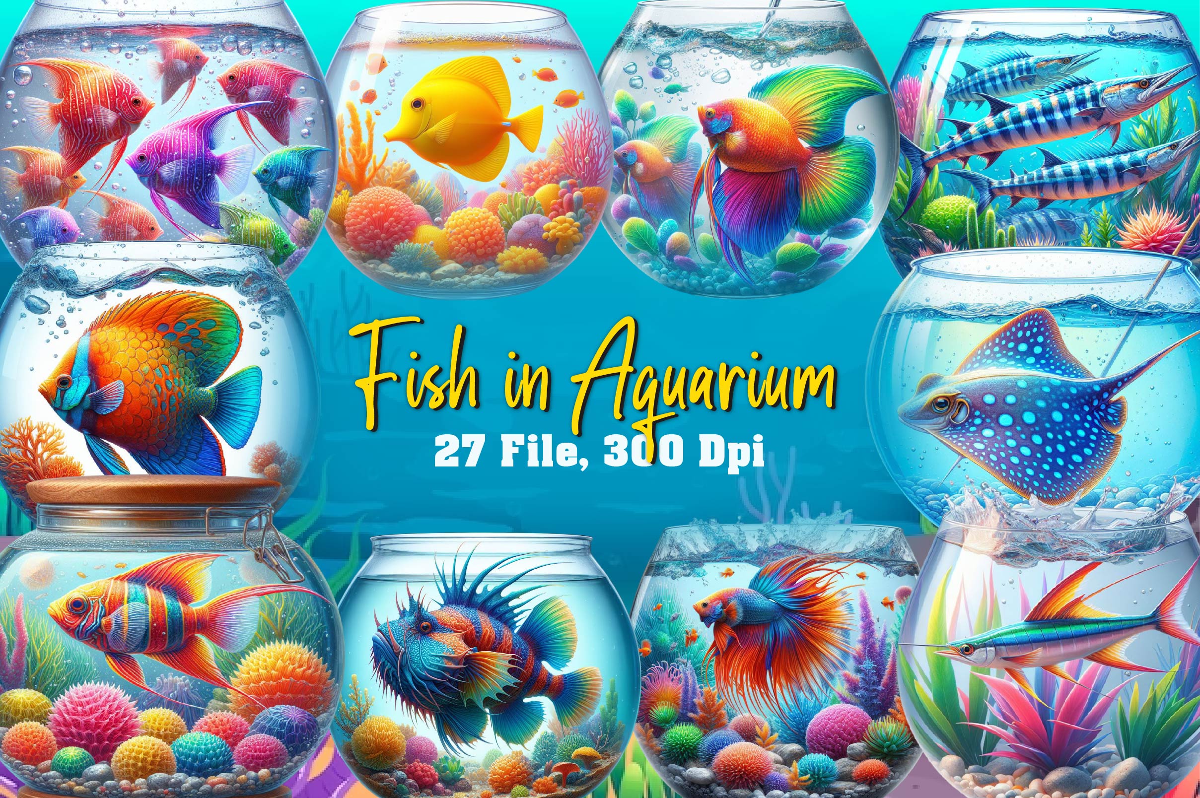 Sea Animals In Aquarium Clipart Bundle