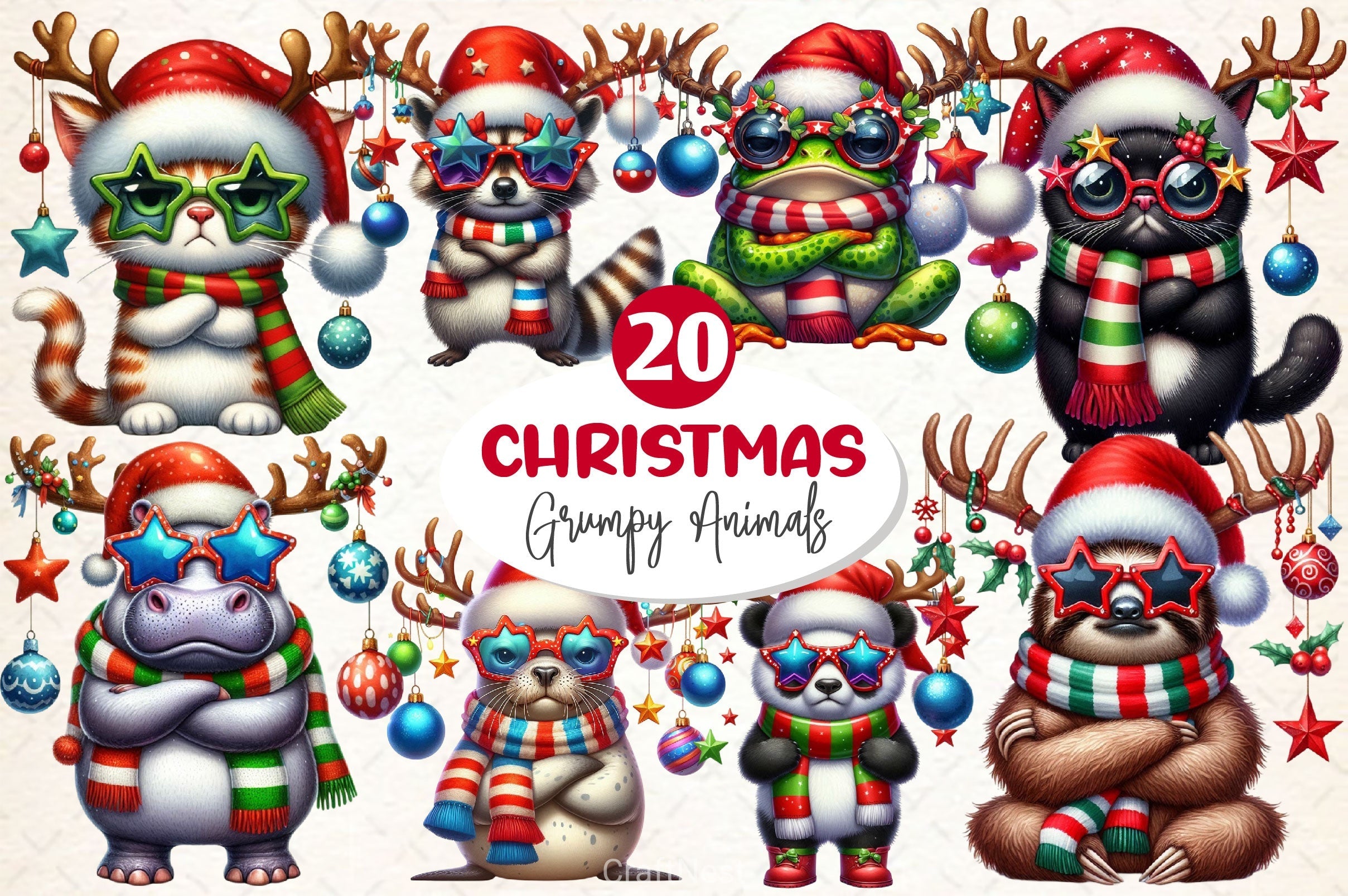 Grumpy Animals Christmas Clipart Bundle