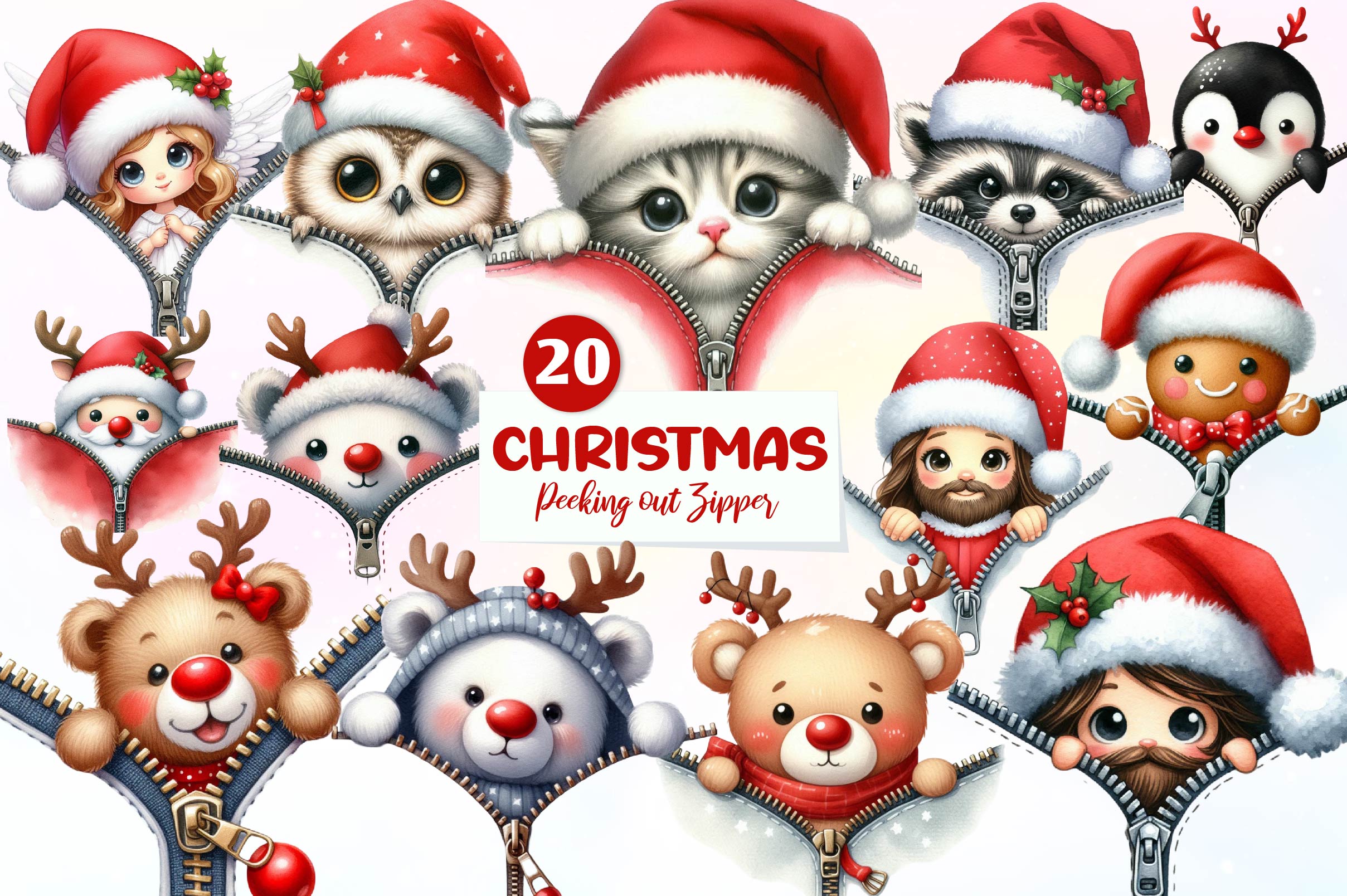 Christmas Peeking Out Zipper Clipart Bundle