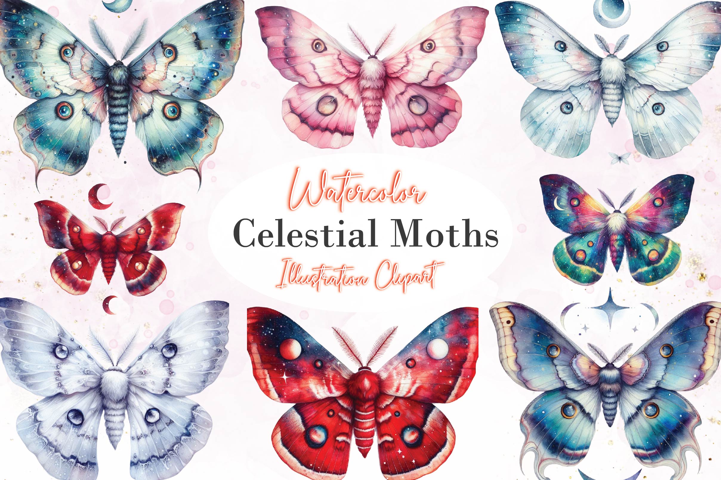 Celestial Moths Clipart Bundle