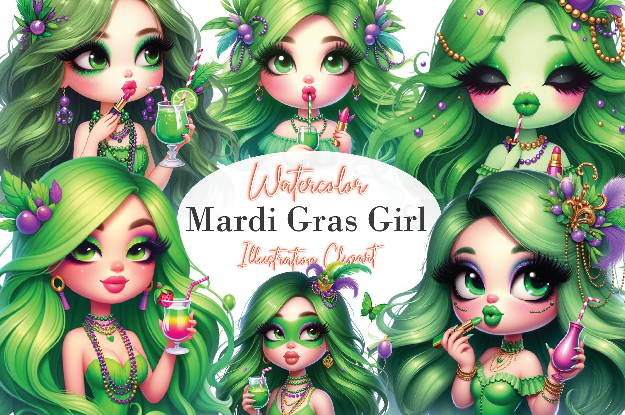 Mardi Gras Cute Girl Clipart Bundle 1