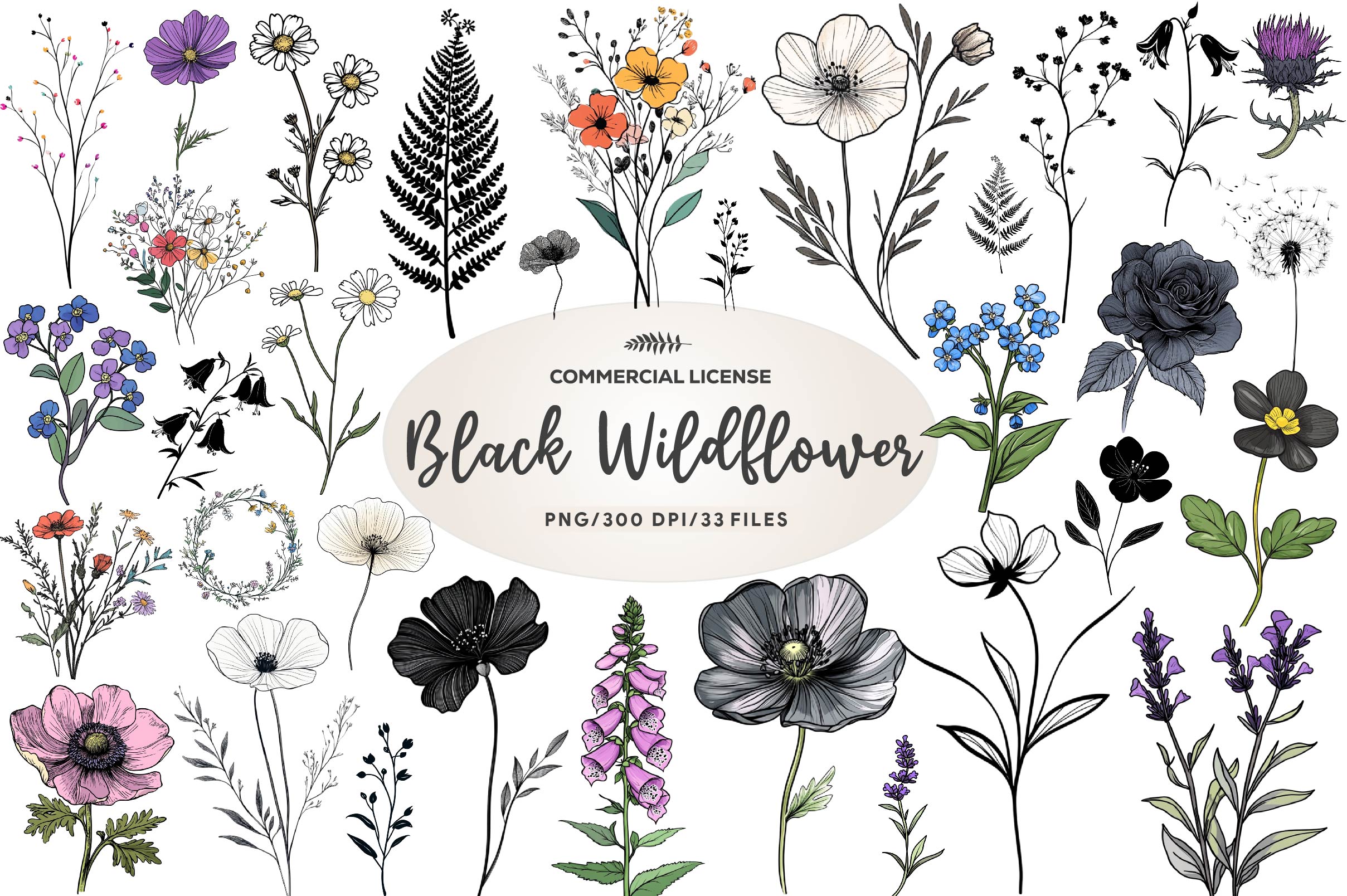 Black Wildflower Clipart Bundle