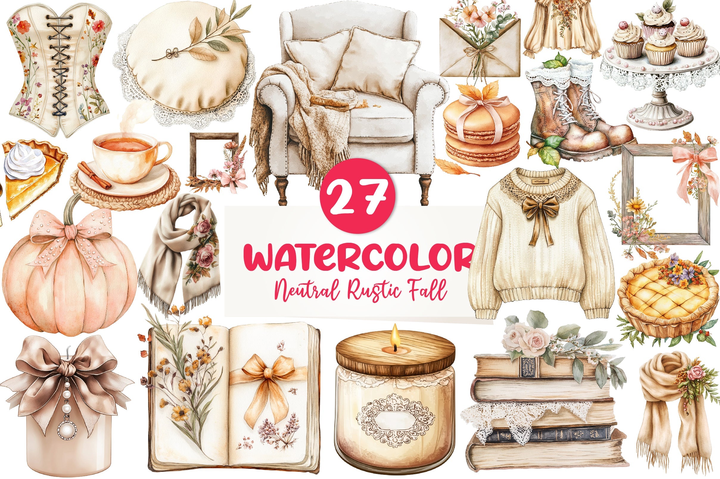 Neutral Rustic Coquette Fall Clipart Bundle 1