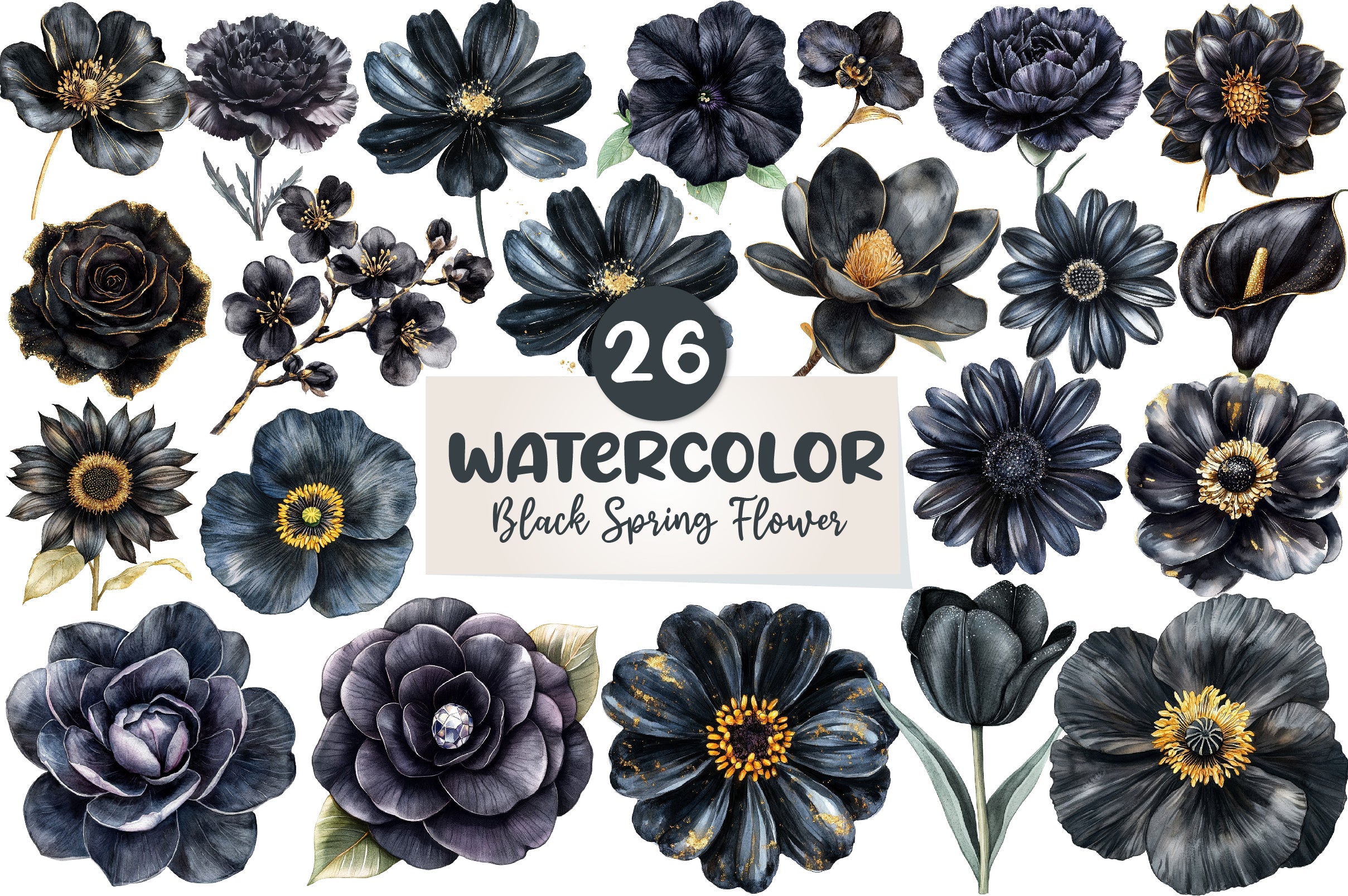 Glitter Luxury Black Spring Flower Clipart Bundle