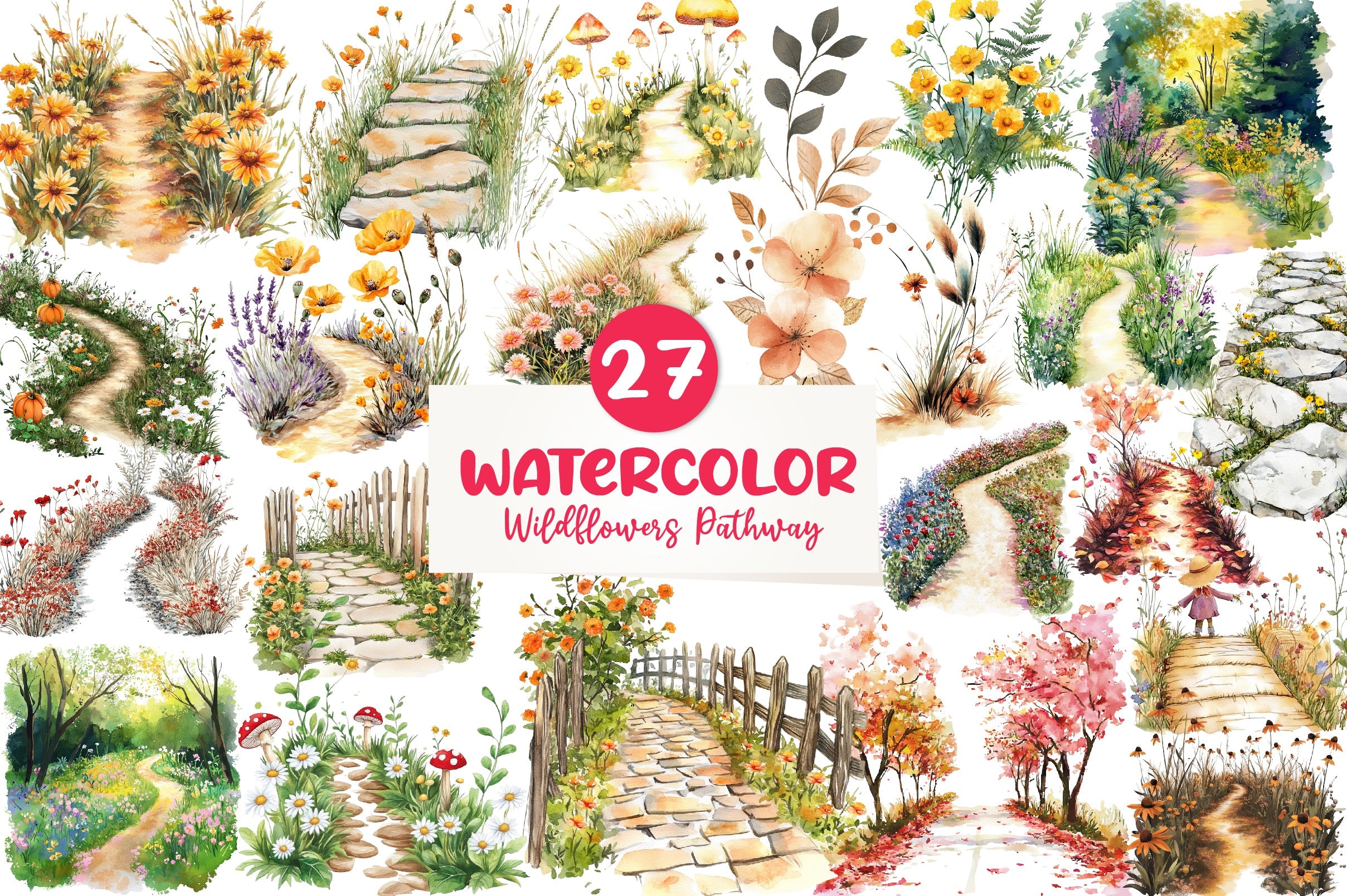 Fall Wildflowers Pathway Clipart Bundle
