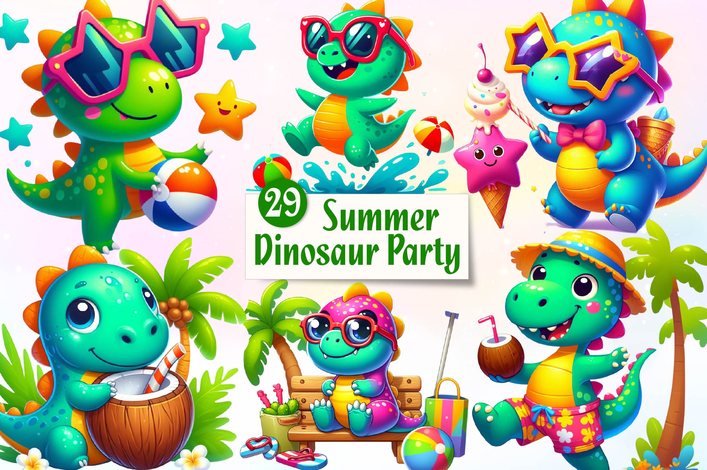 Dinosaur In Pool Party Clipart Bundle