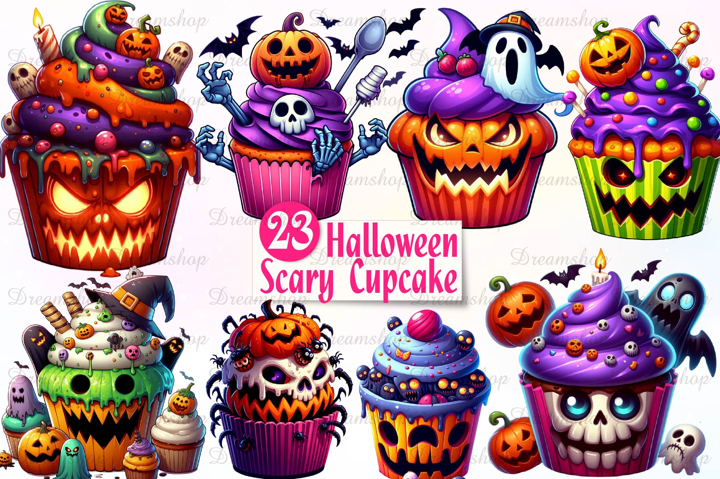 Scary Halloween Cupcake Clipart Bundle 1