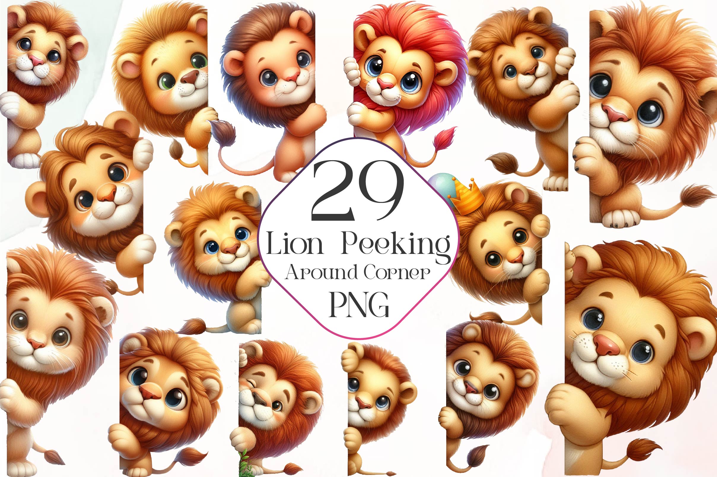 Lion Peeking Around Corner Clipart Bundle