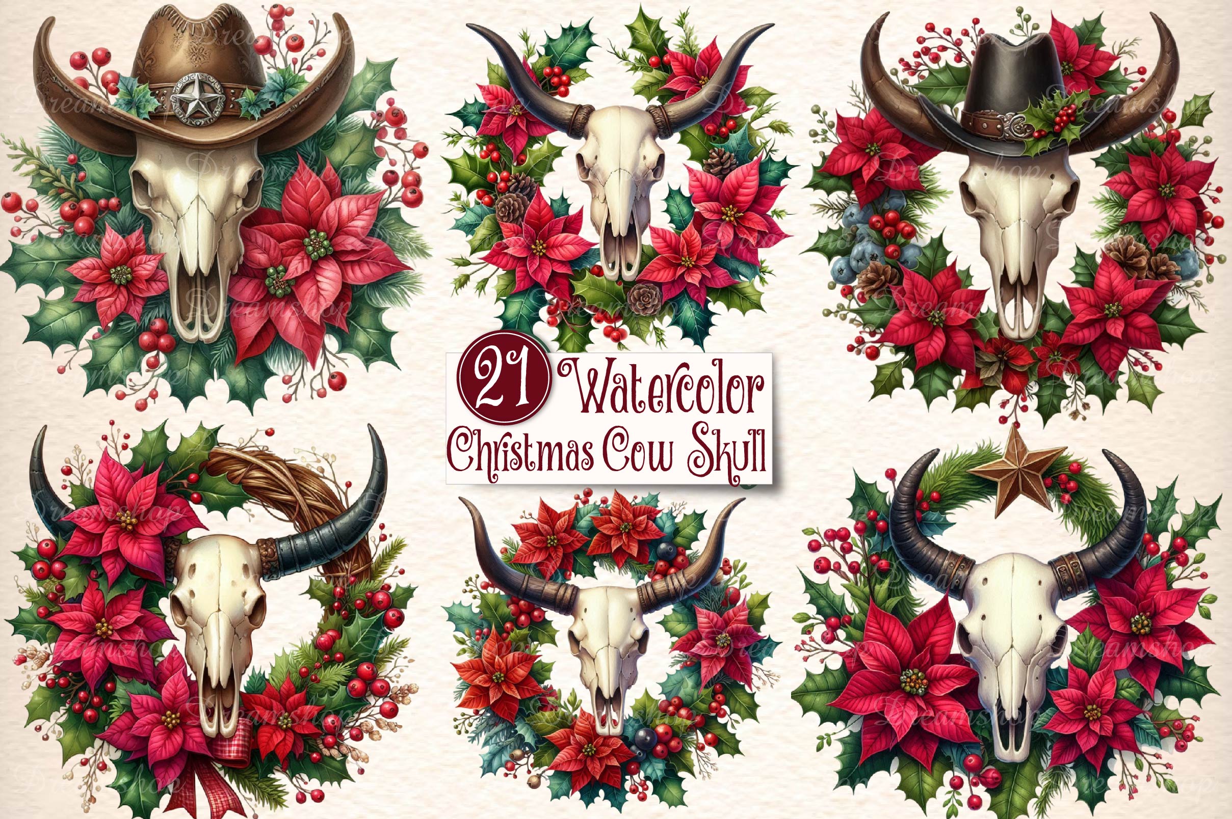 Christmas Cow Skull Clipart Bundle