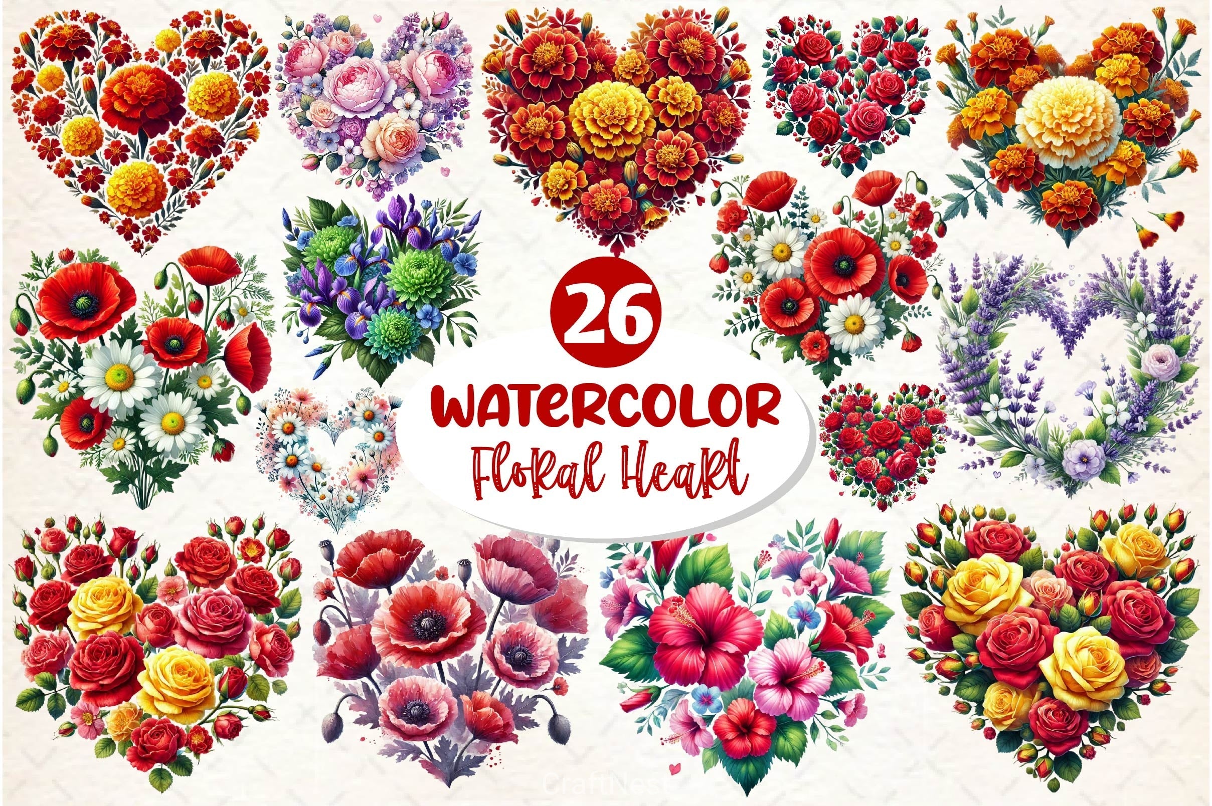 Valentine Floral Heart Clipart Bundle