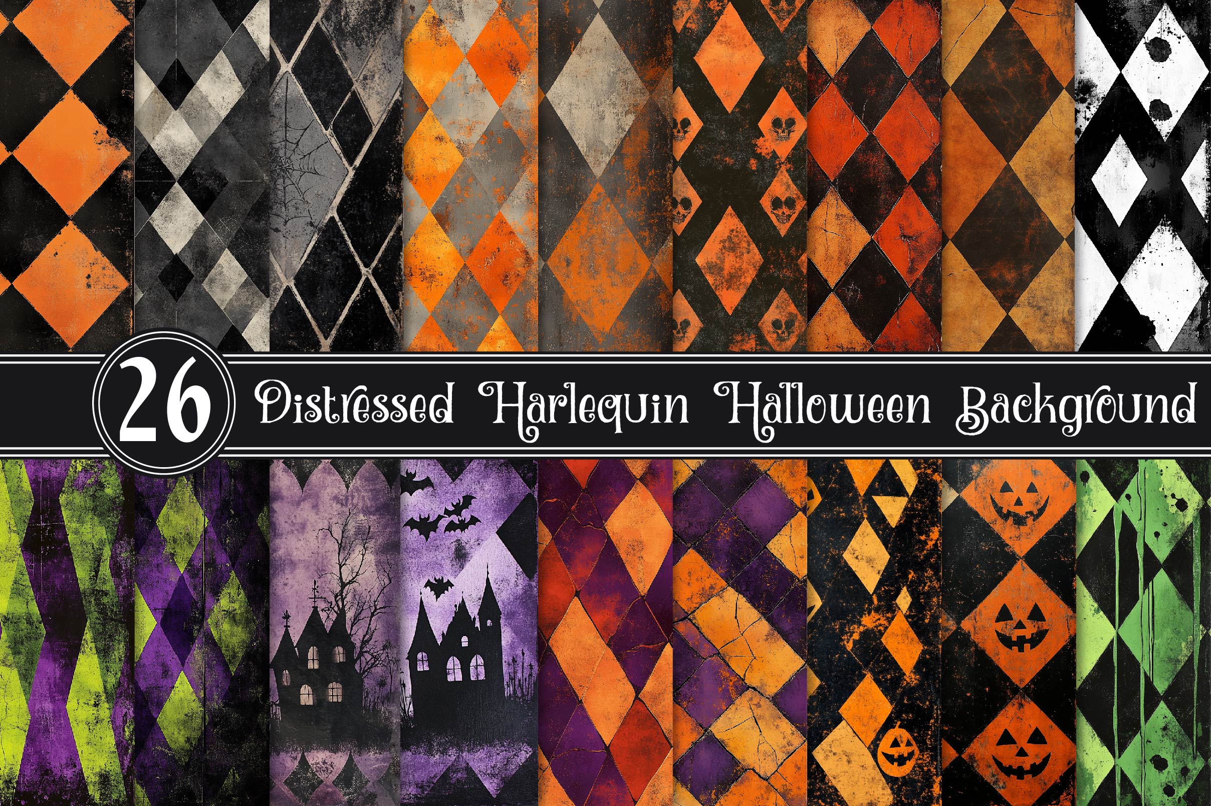 Distressed Harlequin Halloween Clipart Bundle