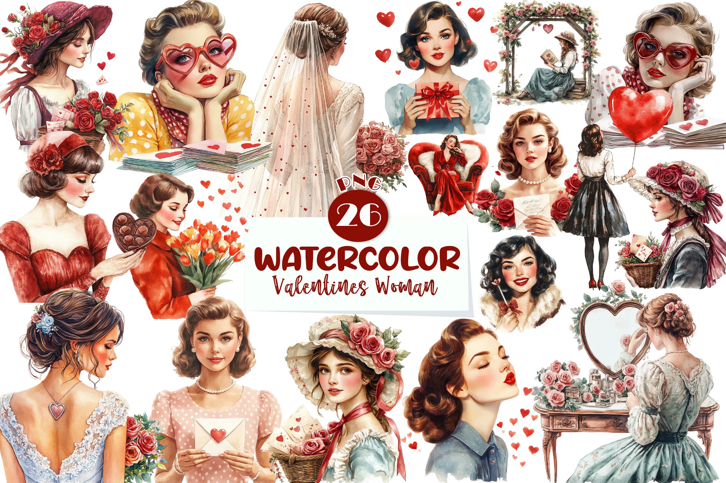 Vintage Valentines Woman Clipart Bundle