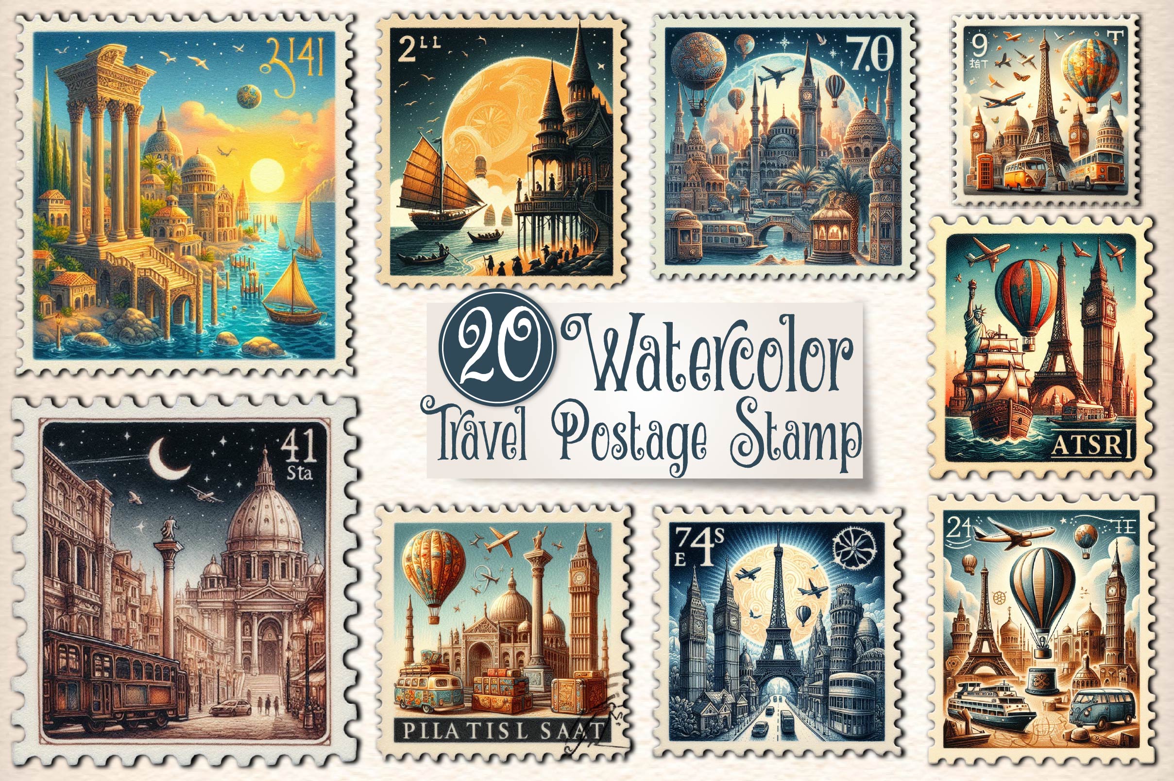 Travel Postage Stamp Clipart Bundle