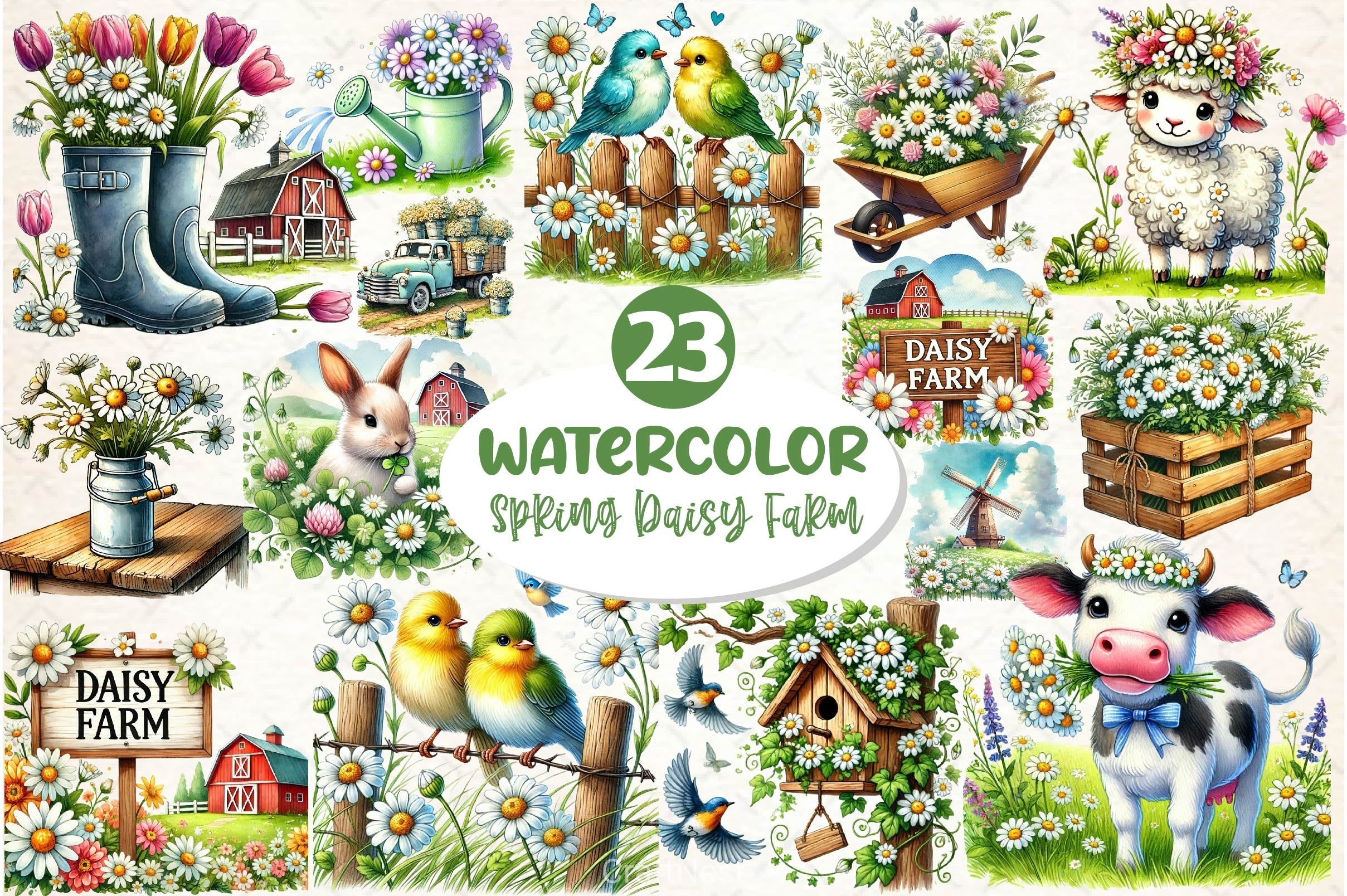 Spring Daisy Farm Clipart Bundle 2