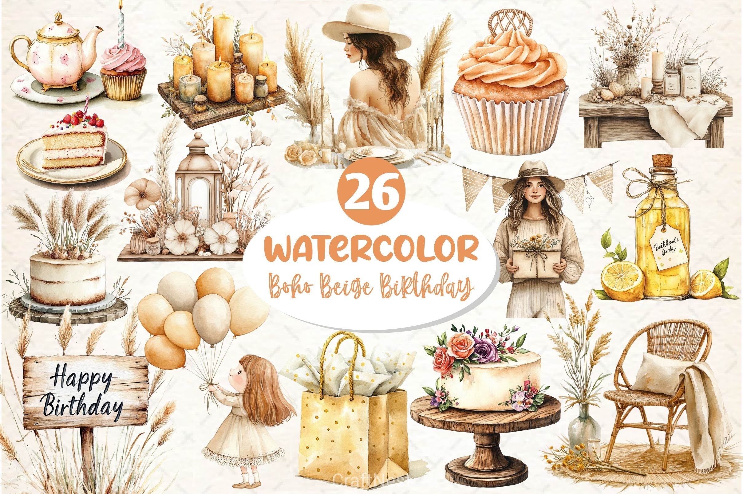 Boho Beige Birthday Clipart Bundle