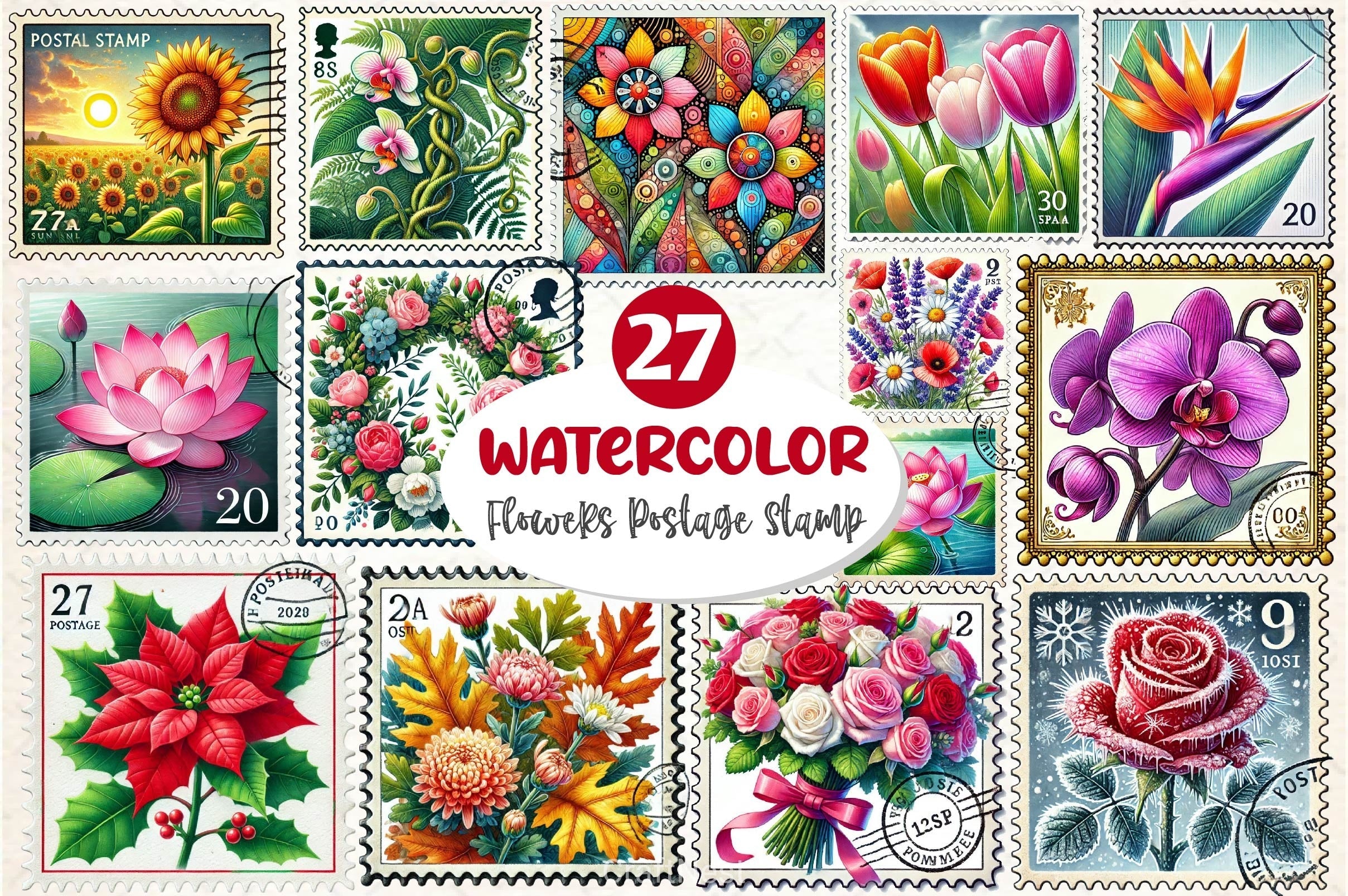 Flowers Postage Stamp Clipart Bundle