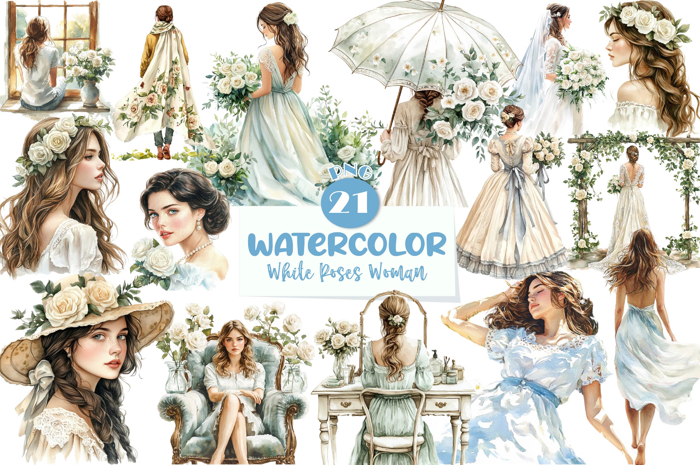 Spring White Roses And Woman Clipart Bundle