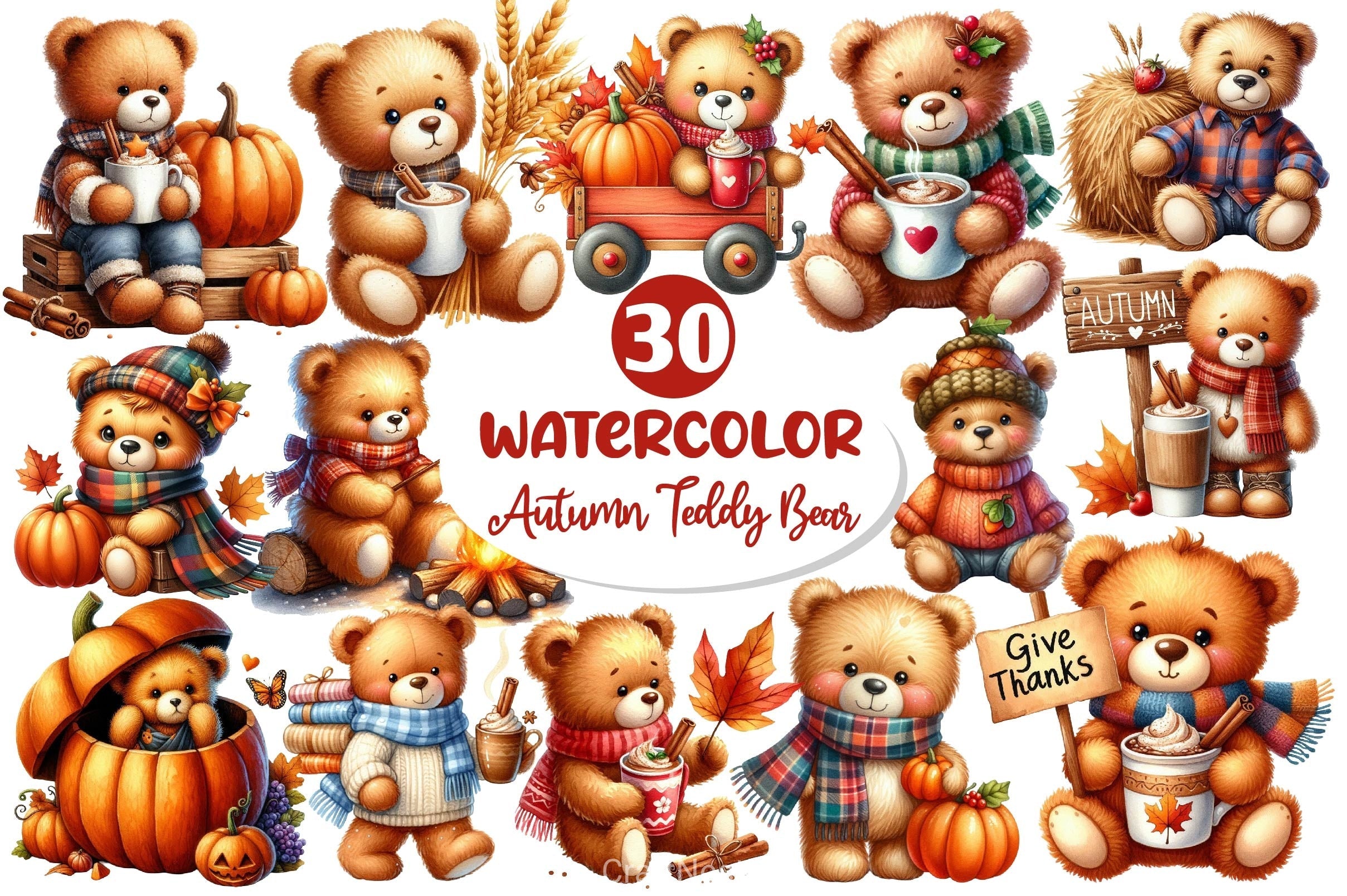 Autumn Teddy Bear Clipart Bundle 2