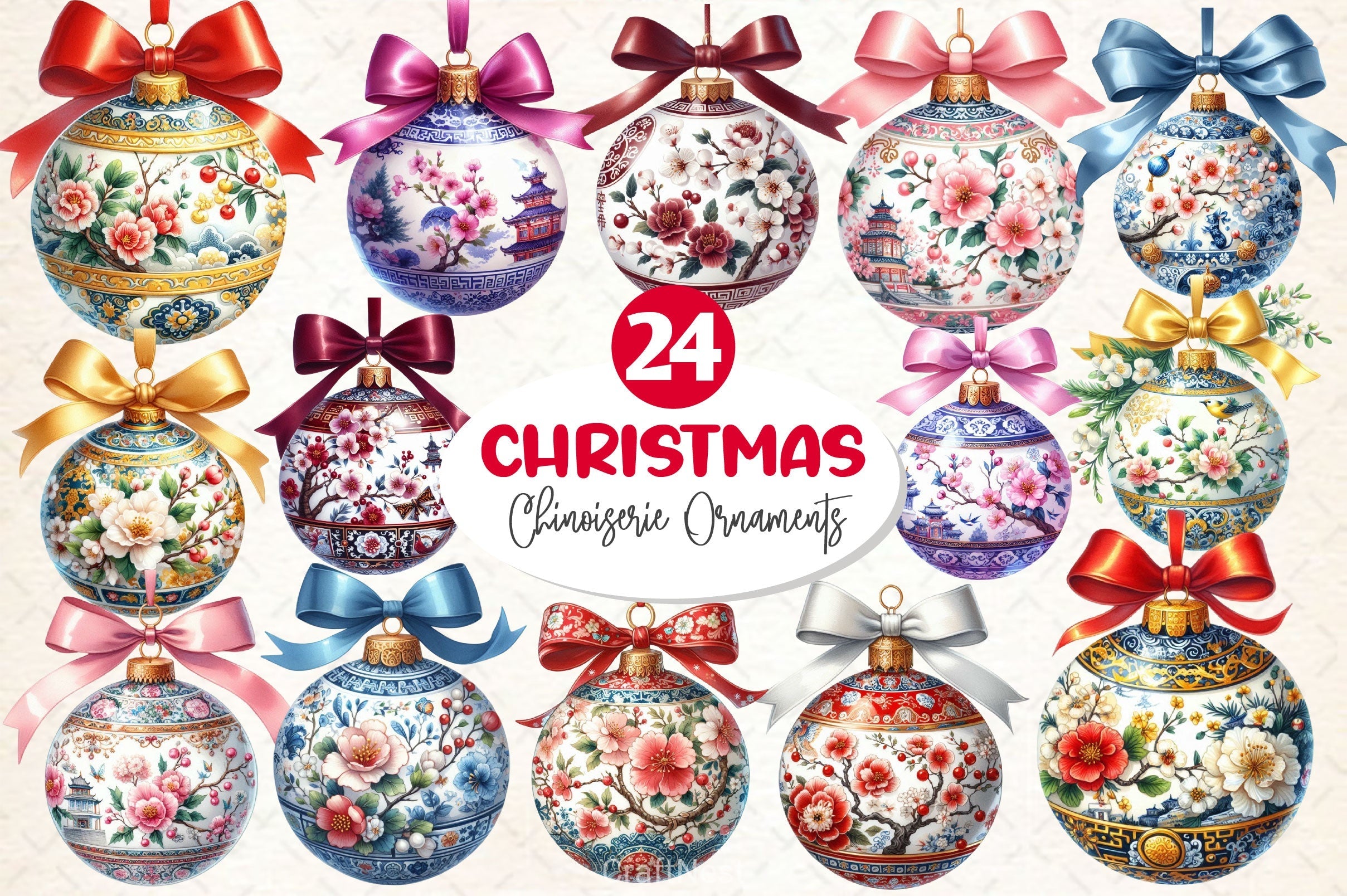 Xmas Chinoiserie Ornaments Clipart Bundle