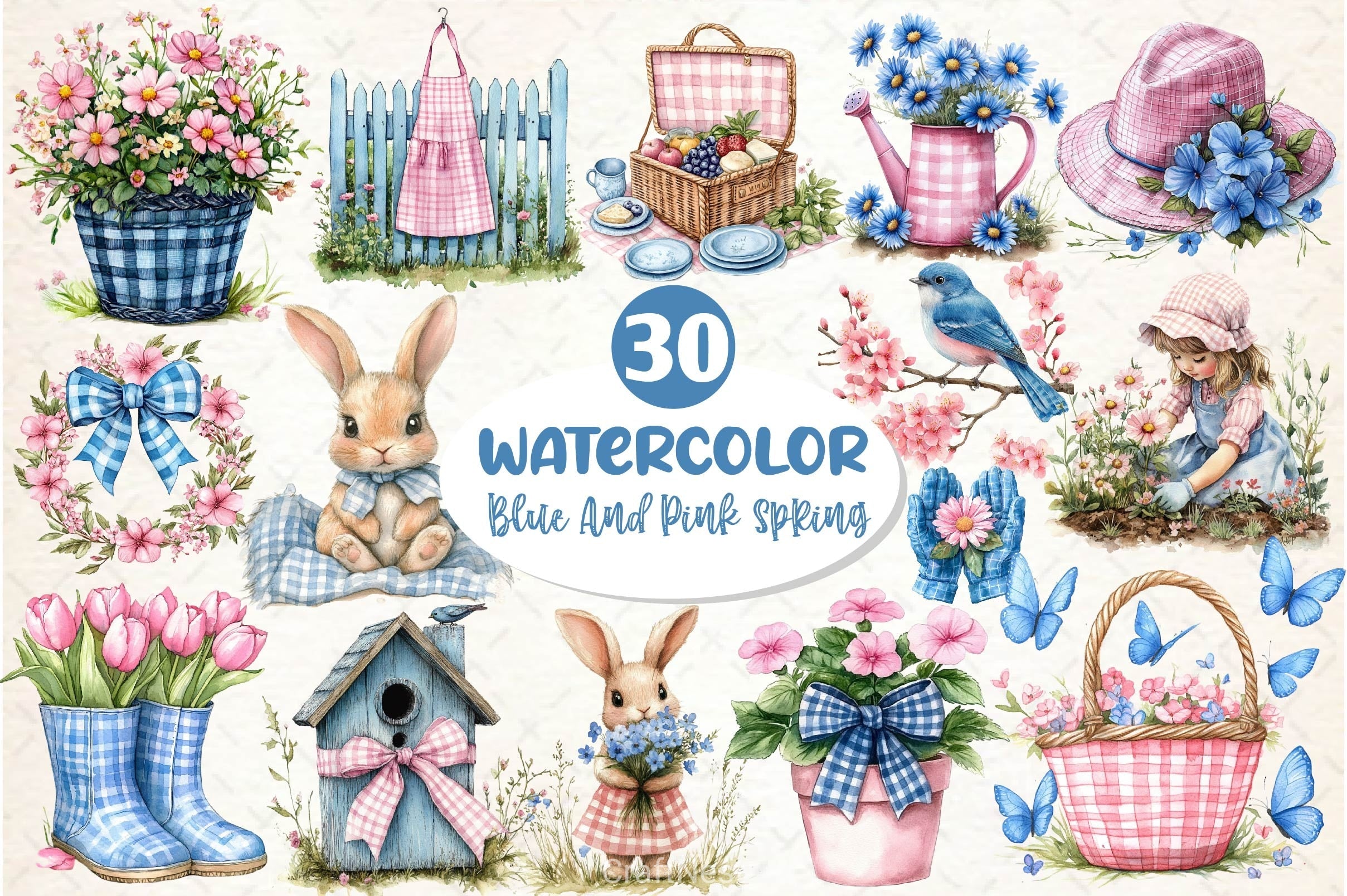Blue & Pink Gingham Spring Clipart Bundle 10