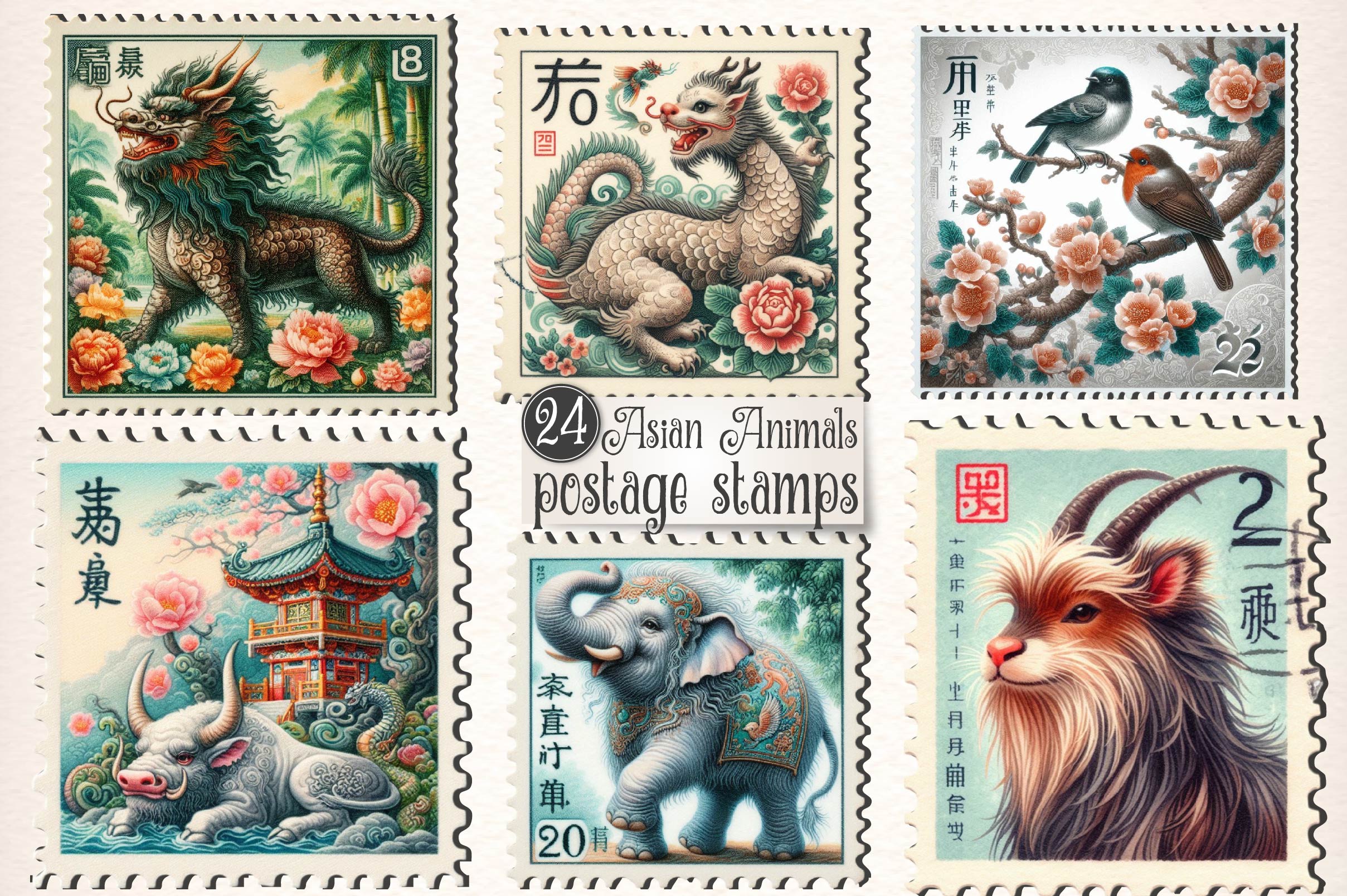 Asian Animals Postage Stamps Clipart Bundle