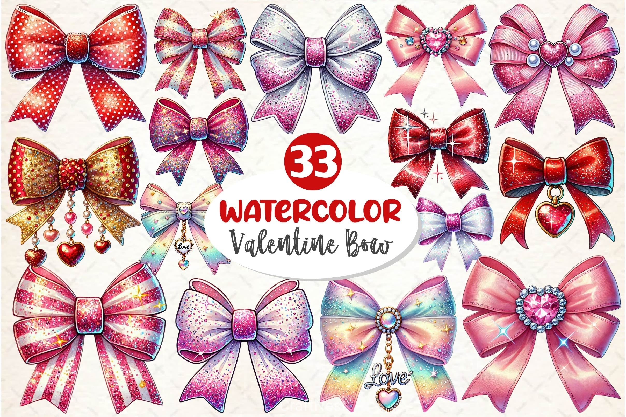 Glitter Coquette Valentine Bow Clipart Bundle