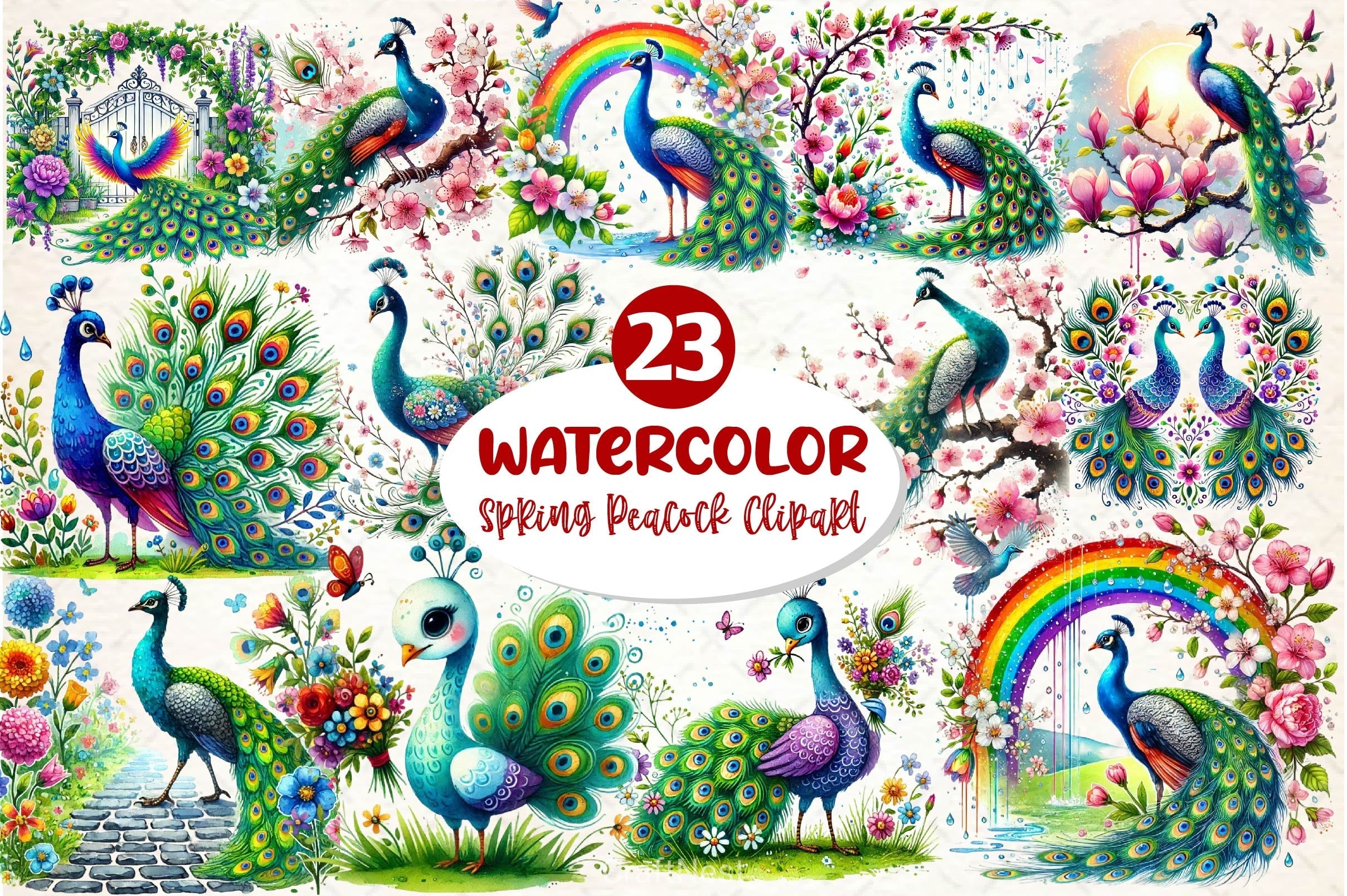 Spring Peacock Clipart Bundle