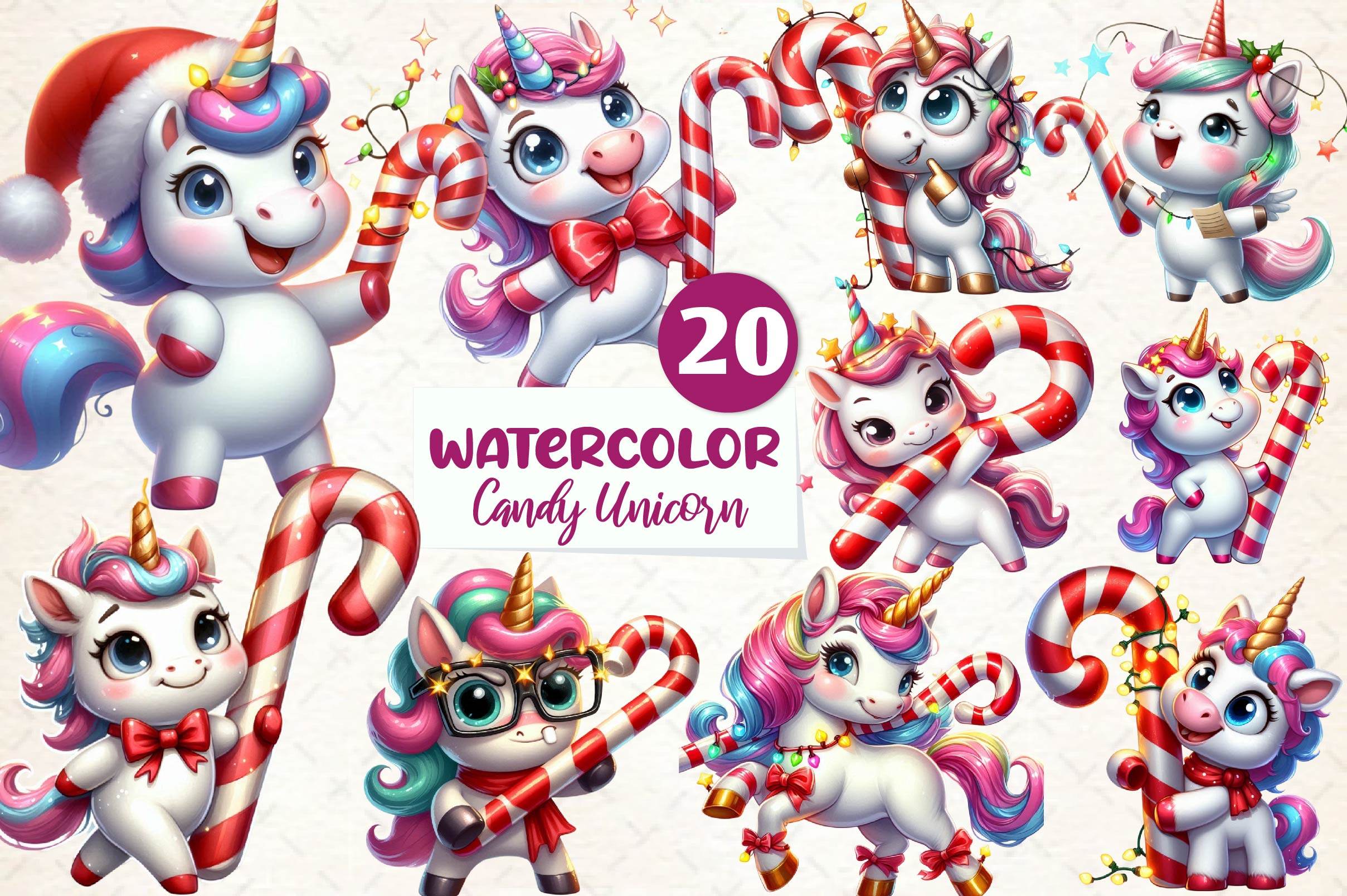 Funny Christmas Candy Unicorn Clipart Bundle