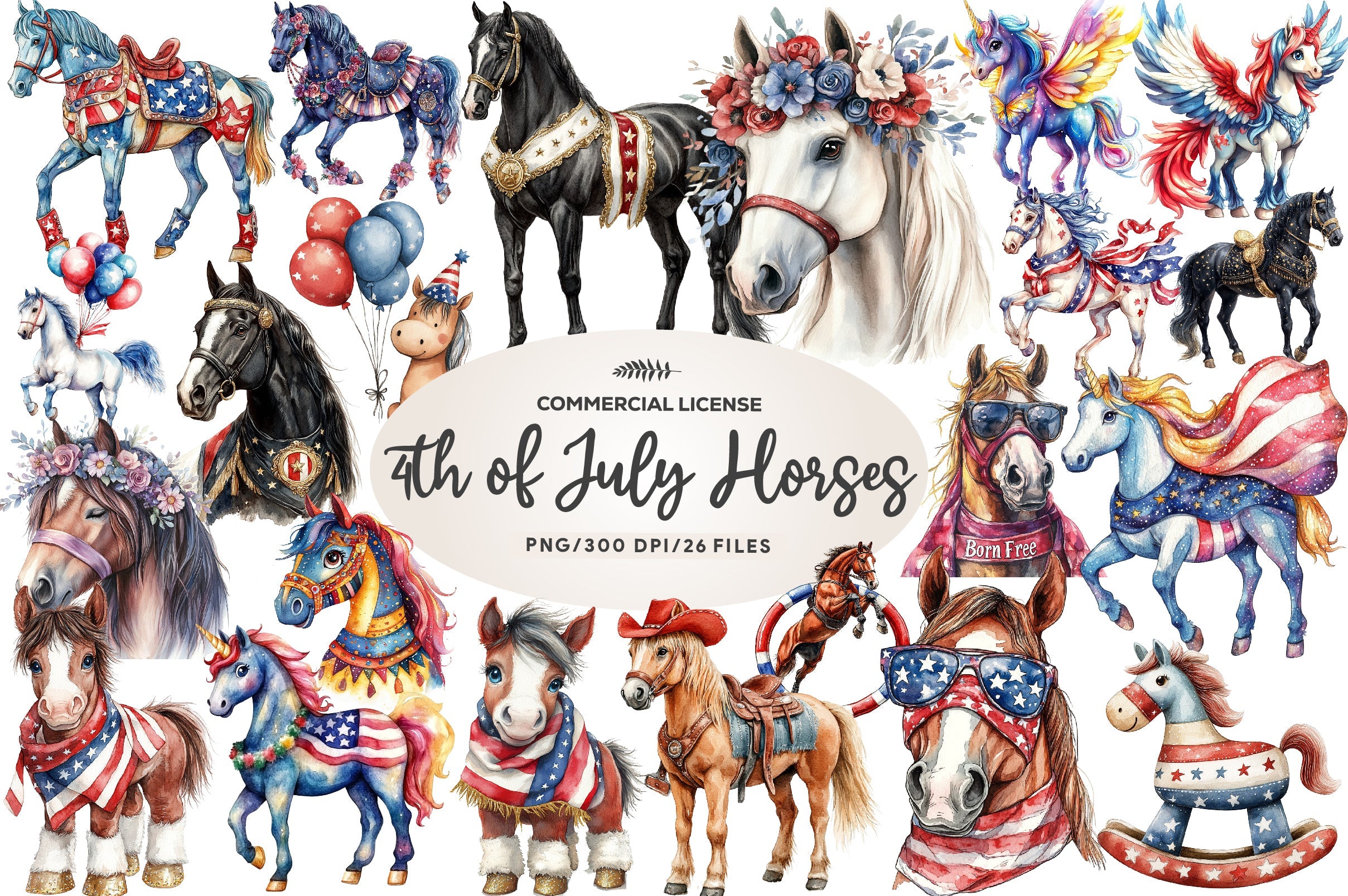 Patriotic 4th Of July Horses Clipart Bundle