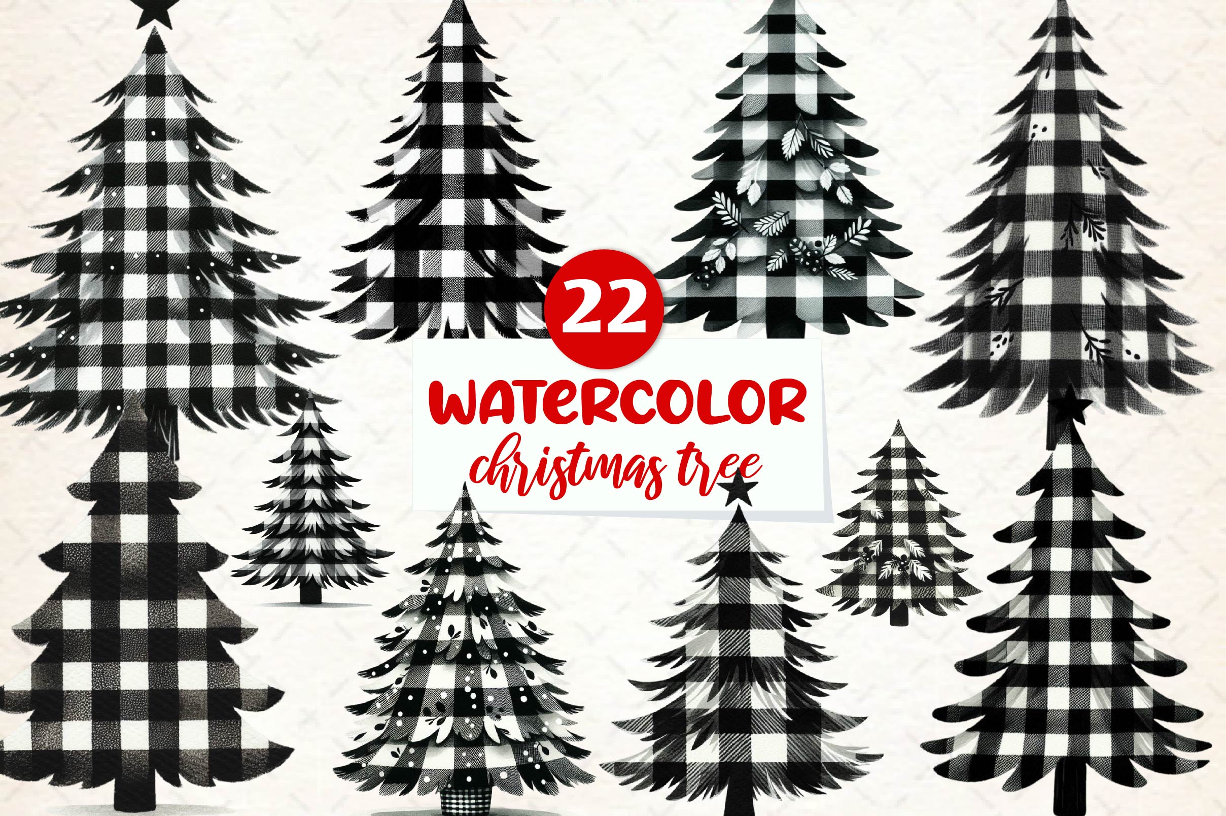 Black And White Christmas Tree Clipart Bundle
