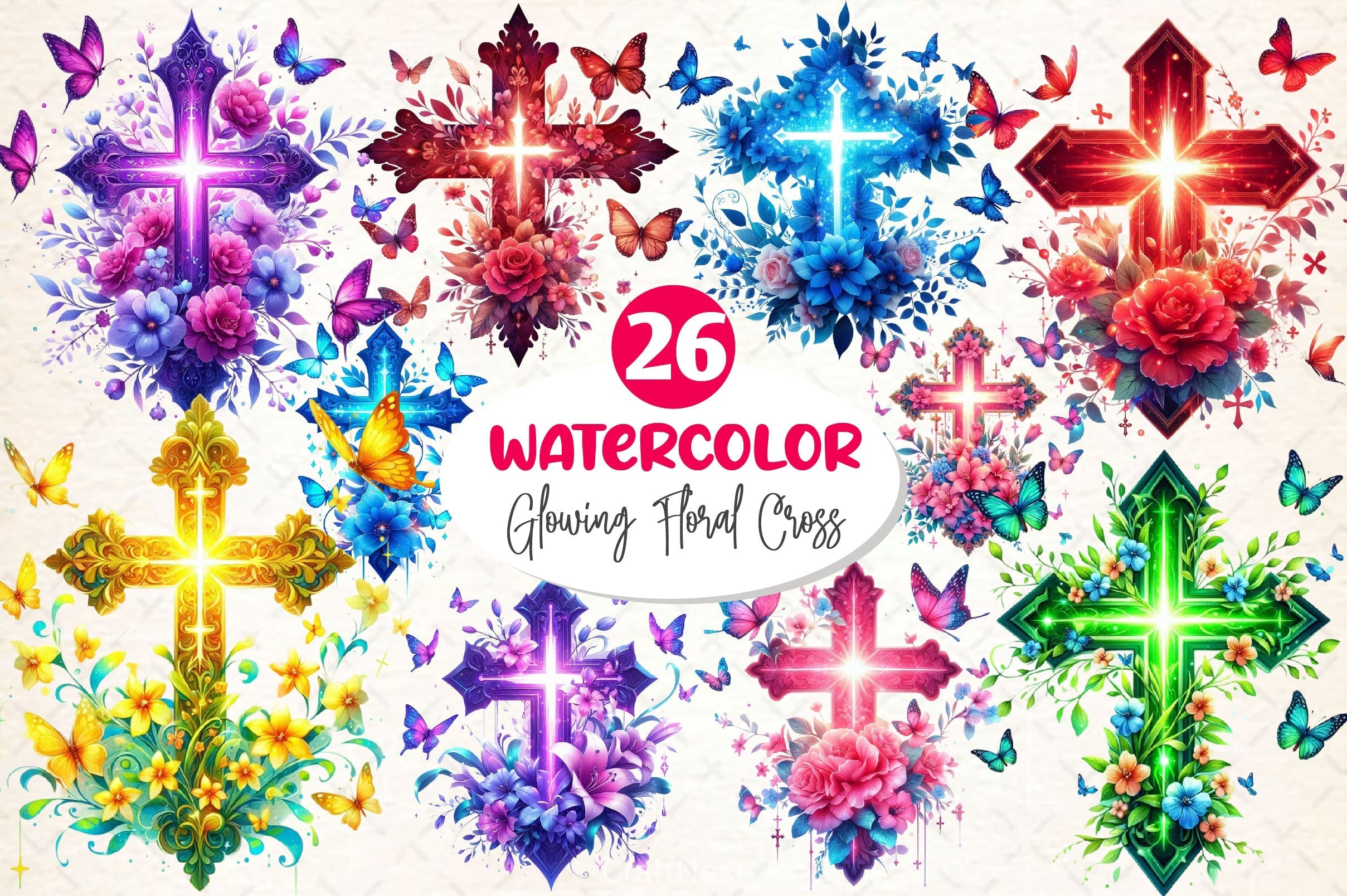 Glowing Floral Cross With Butterflies Clipart Bundle