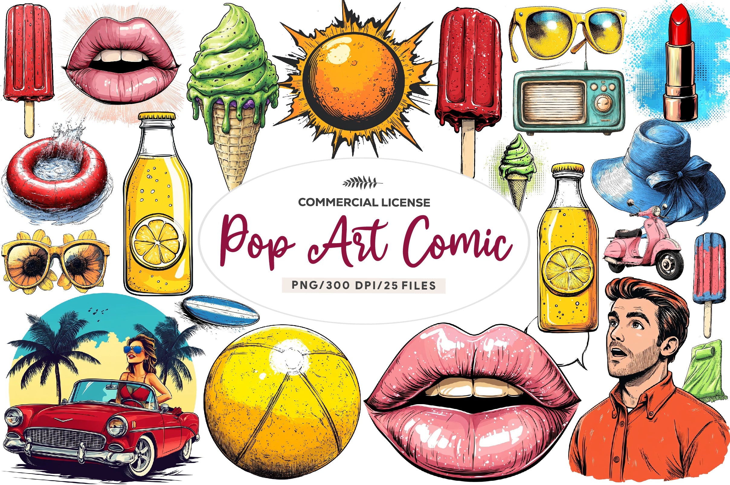 Retro Pop Art Comic Summer Clipart Bundle