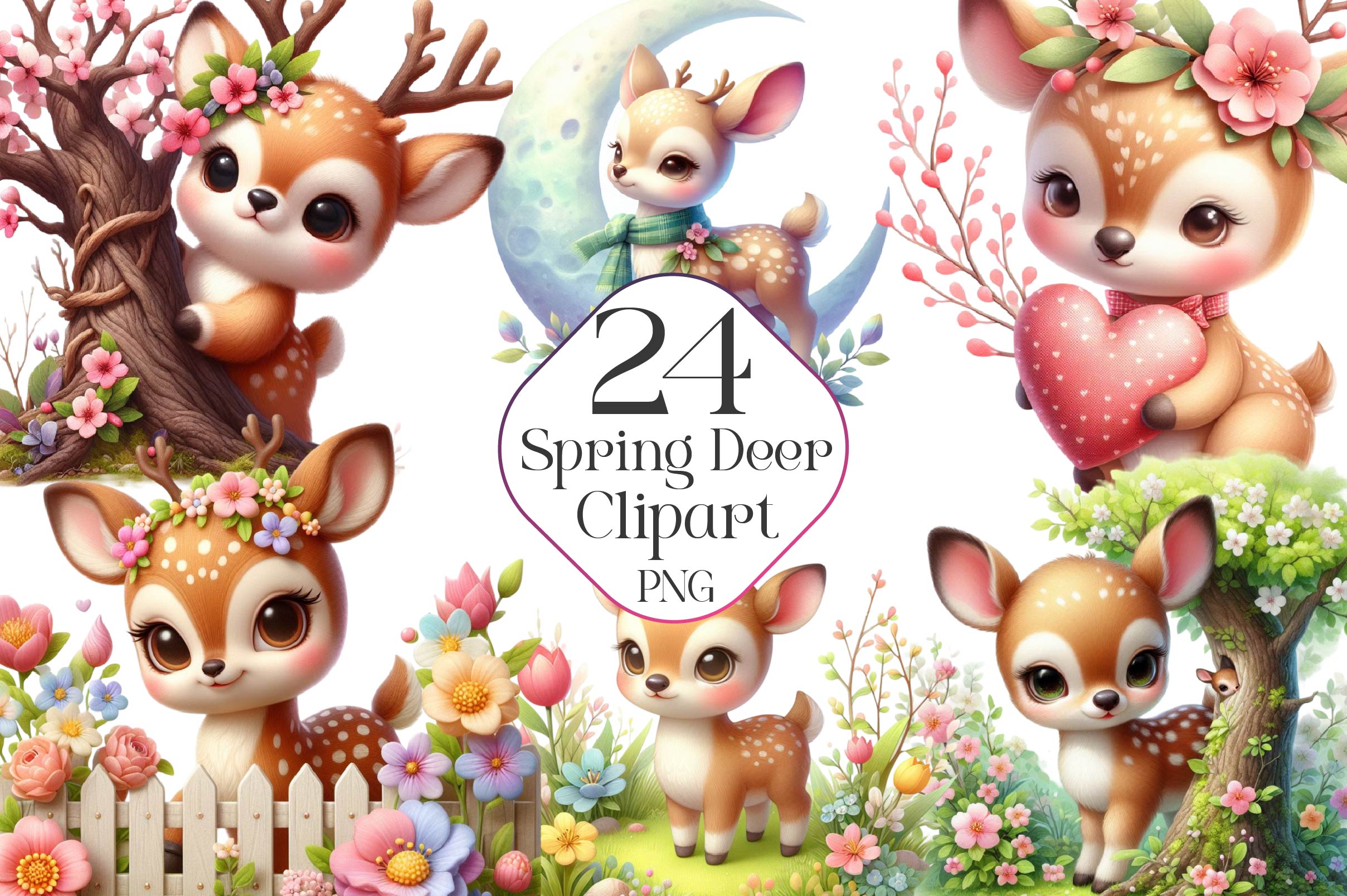 Cute Spring Deer Clipart Bundle
