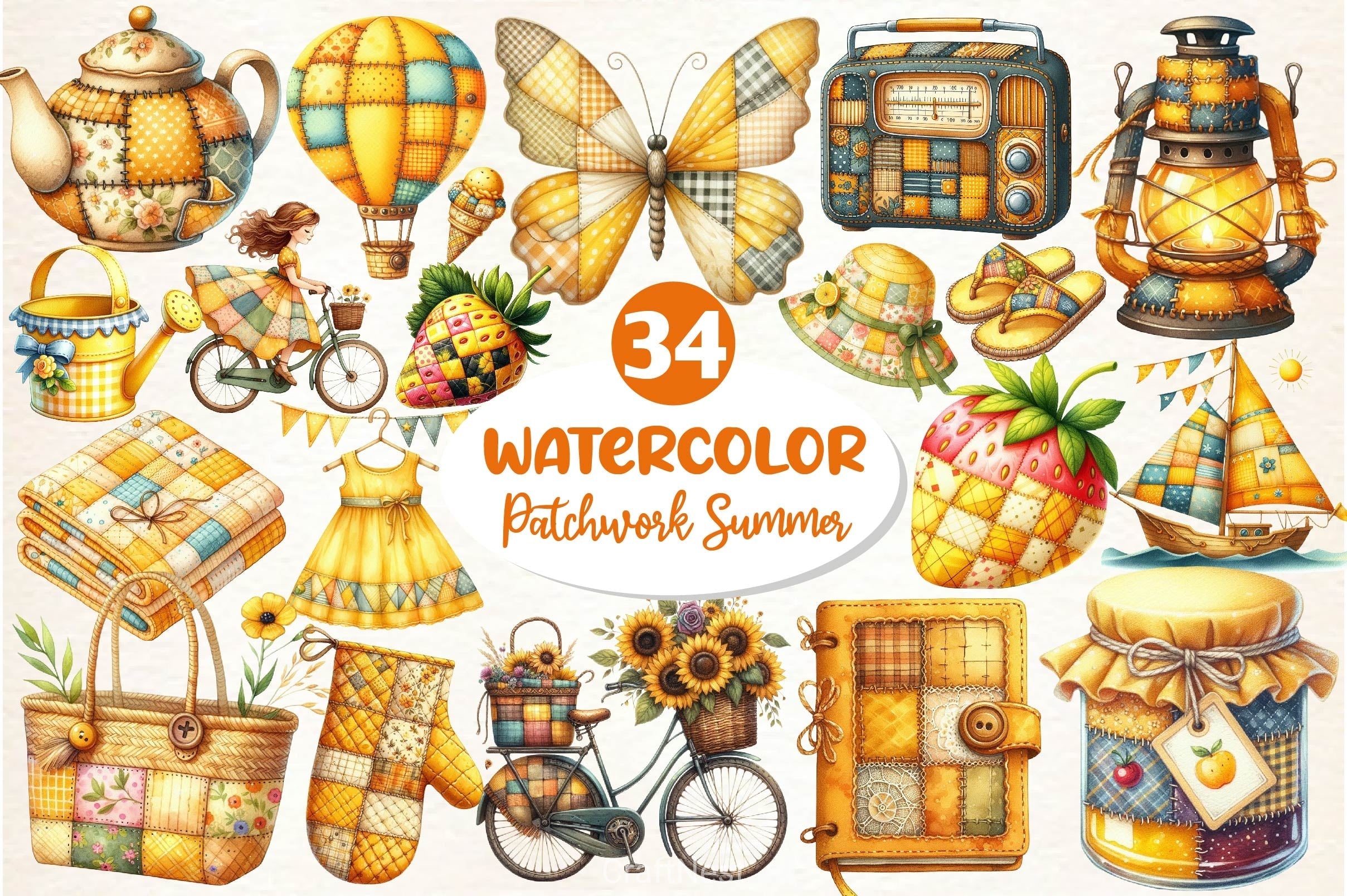 Yellow Patchwork Summer Clipart Bundle 2