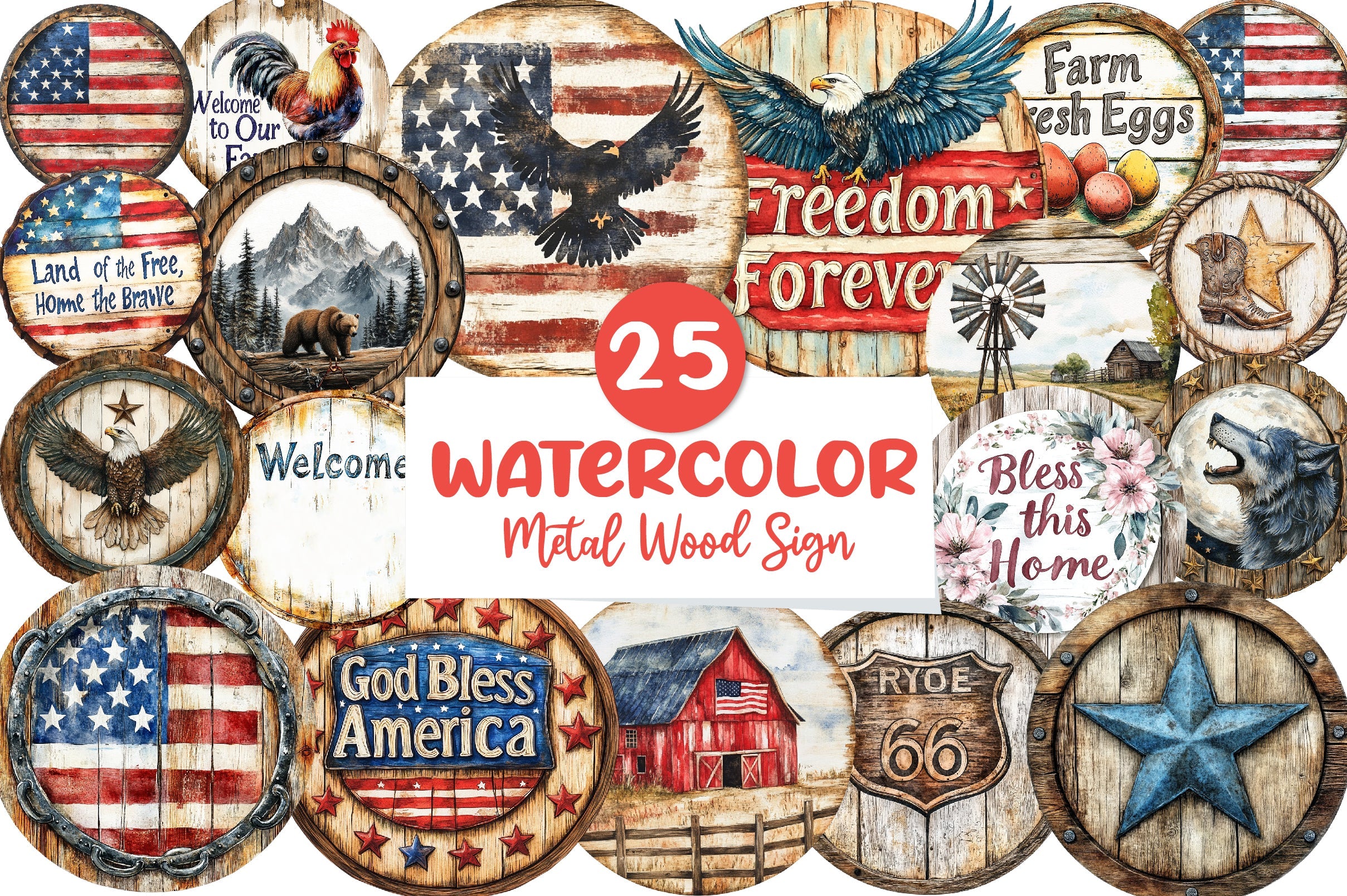 American Rustic Round Metal Wood Sign Clipart Bundle