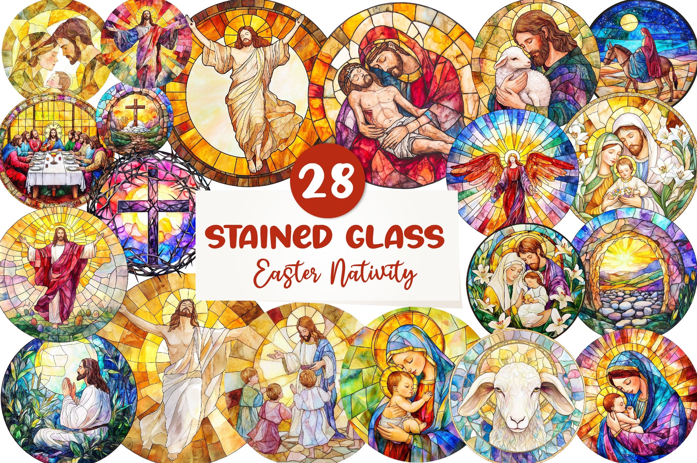 Round Stained Glass Easter Nativity Clipart Bundle
