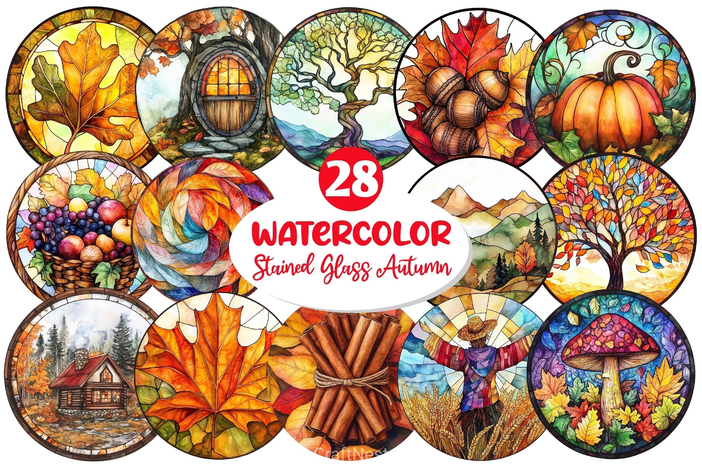 Round Stained Glass Autumn Clipart Bundle