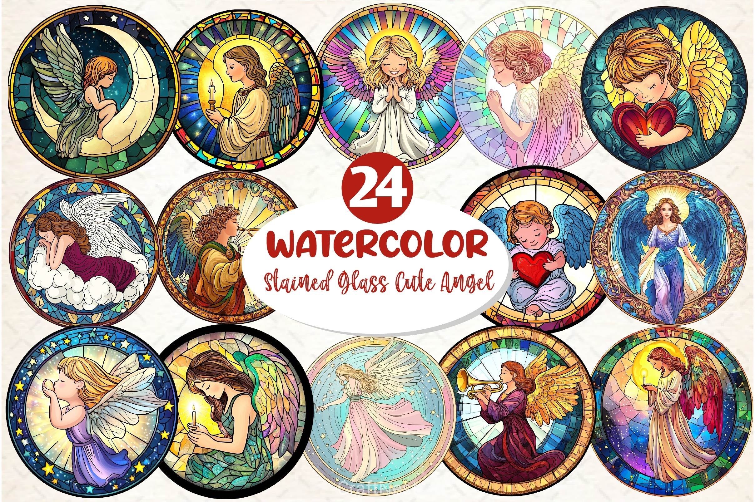 Stained Glass Cute Angel Clipart Bundle