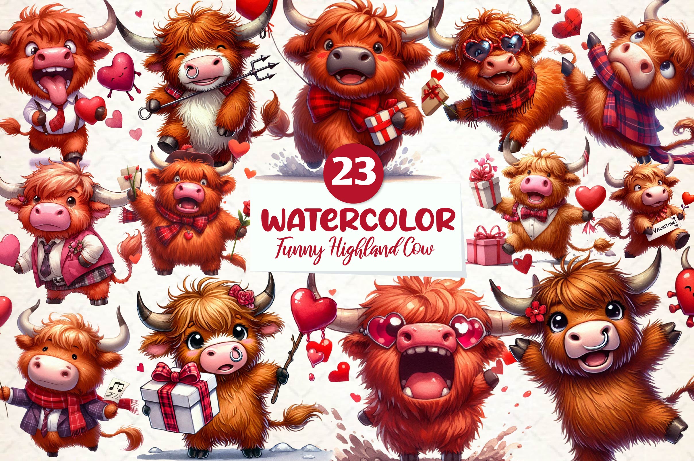 Funny Valentine Highland Cow Clipart Bundle