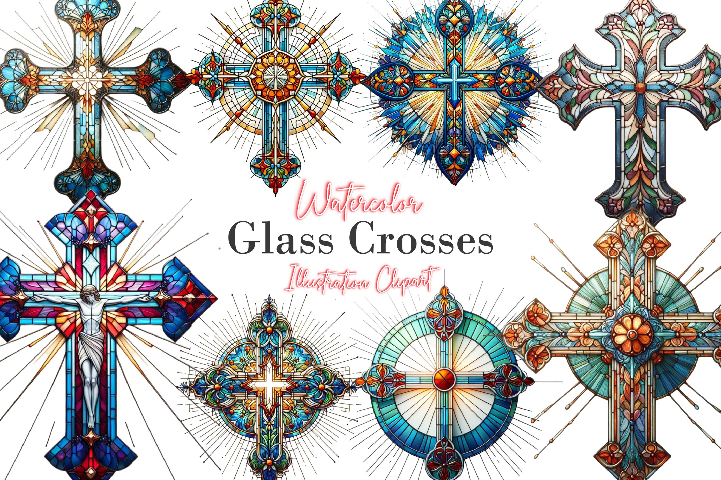 Stained Glass Crosses Clipart Bundle