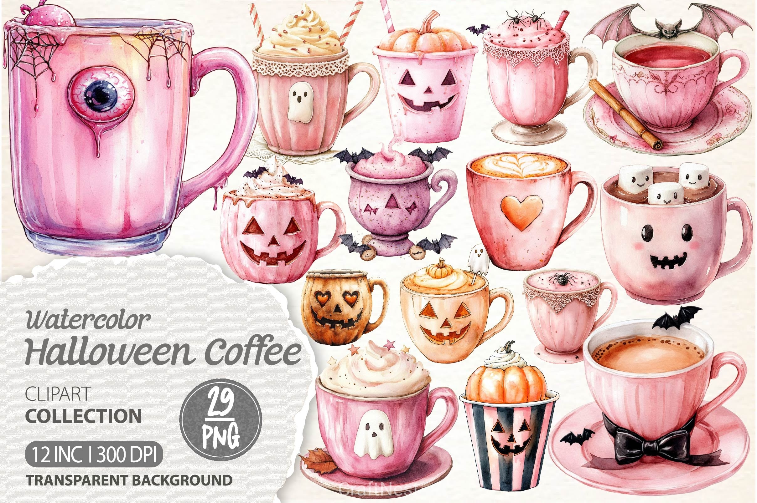 Pink Coquette Halloween Coffee Clipart Bundle