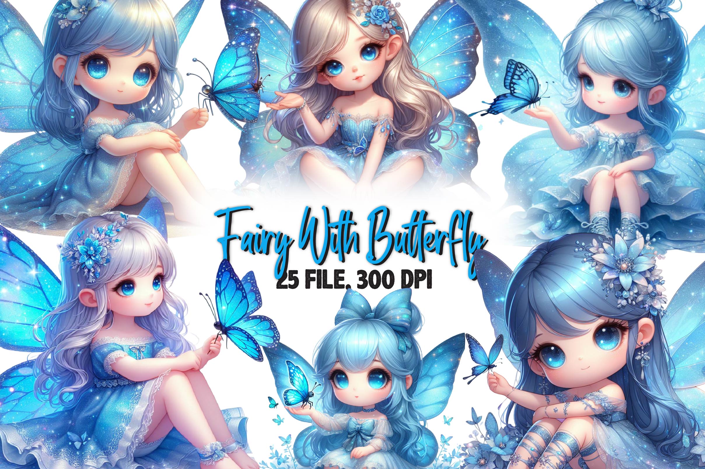 Cute Fairy With Butterfly Clipart Bundle