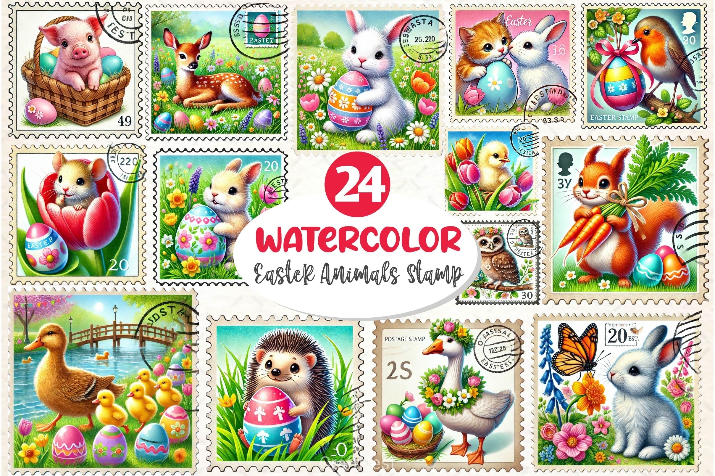 Easter Animals Postage Stamp Clipart Bundle 2