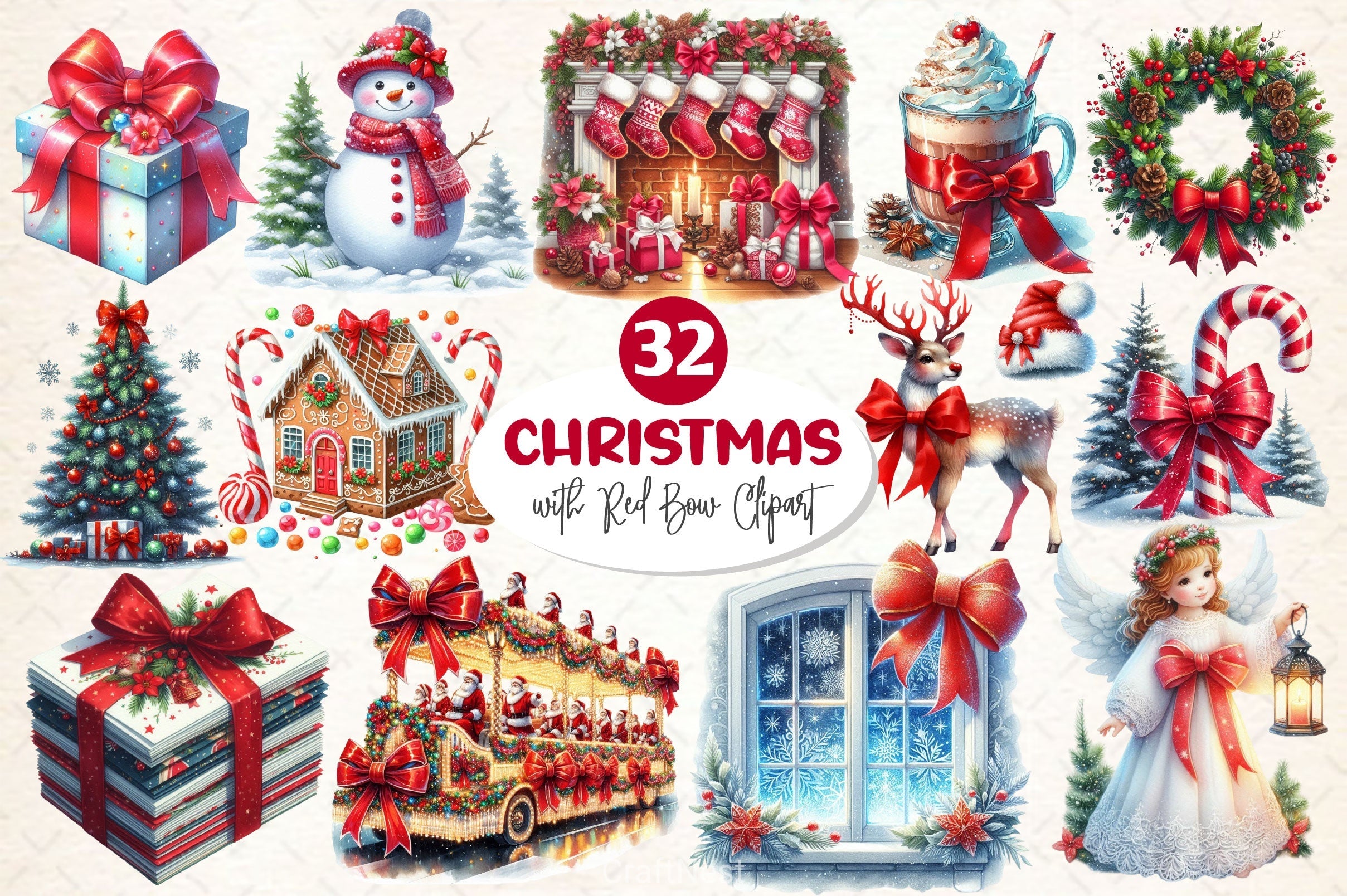 Christmas With Red Bow Clipart Bundle