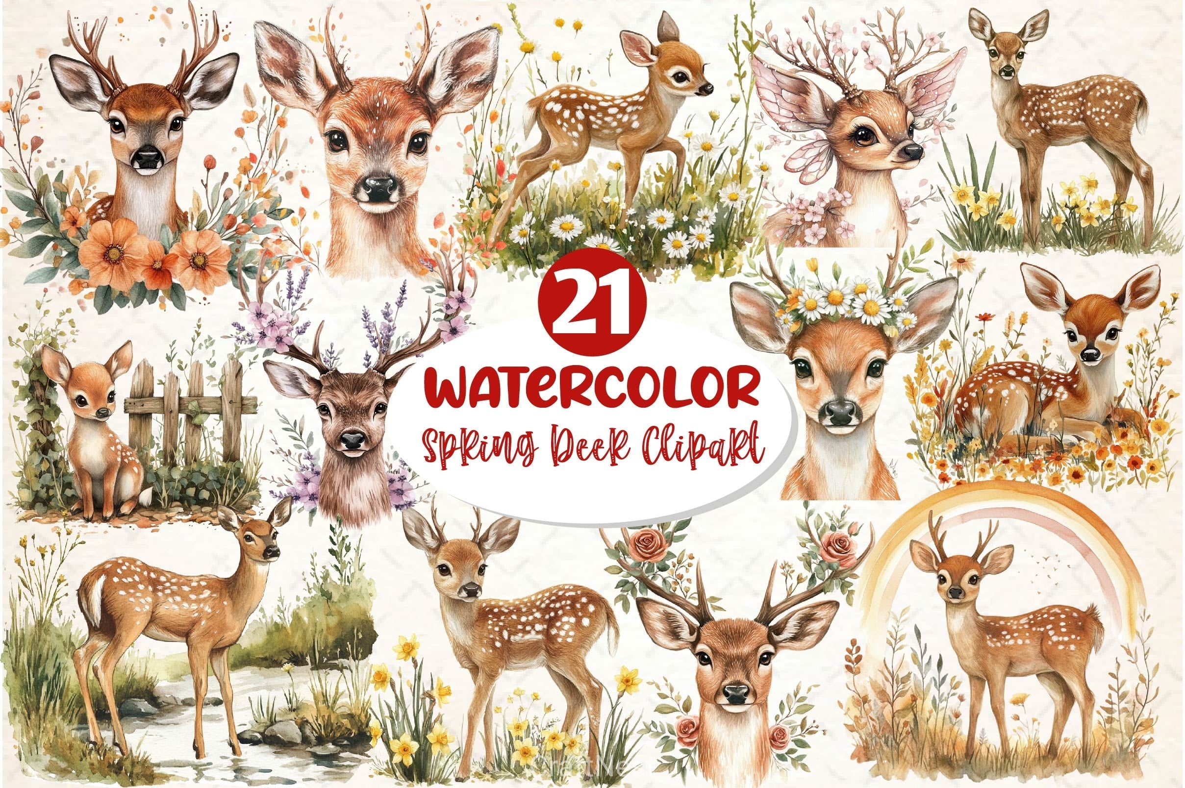 Spring Deer Clipart Bundle 2