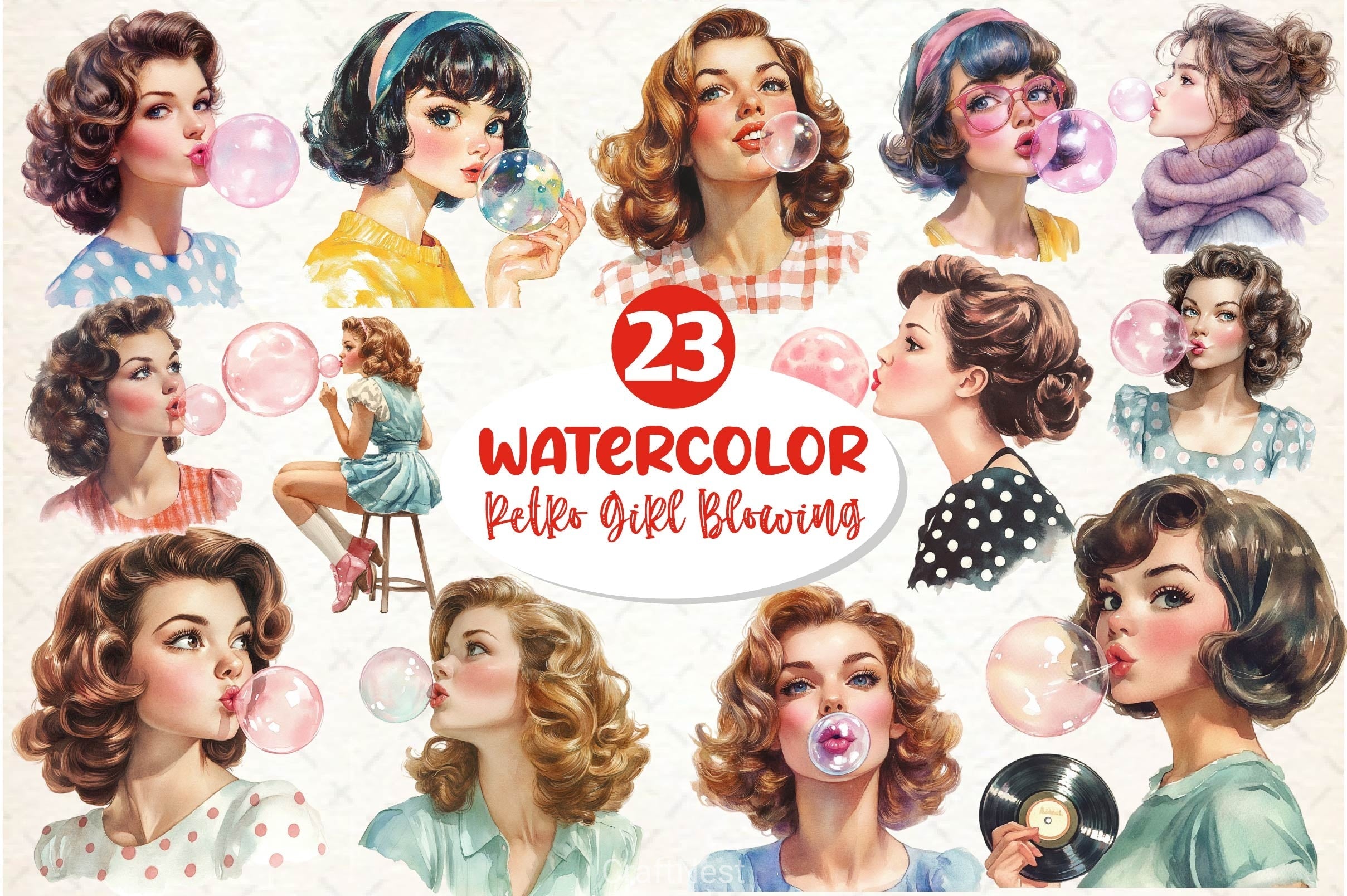Retro Girl Blowing A Bubblegum Clipart Bundle 2