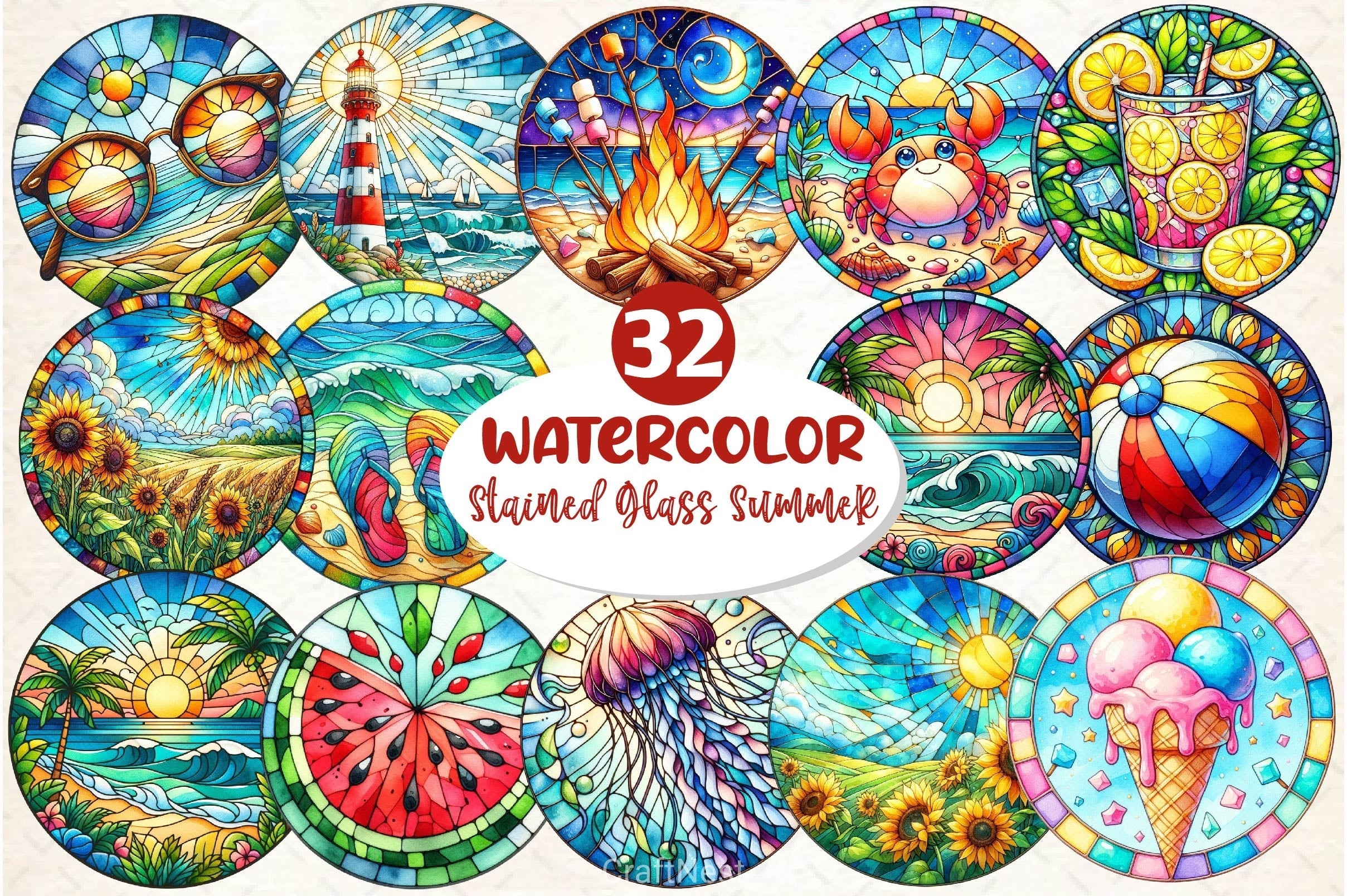 Round Stained Glass Summer Clipart Bundle 6