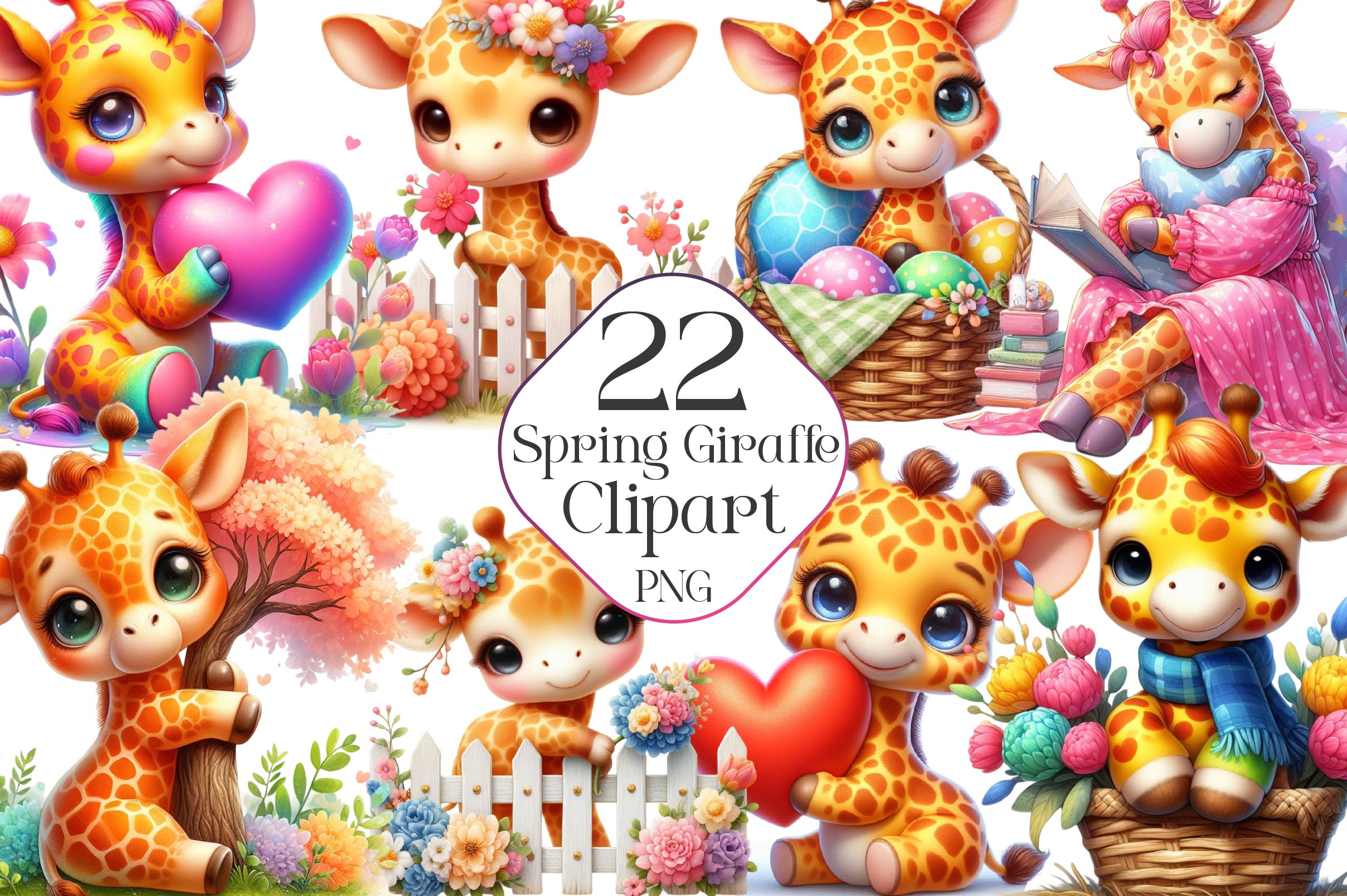 Giraffe Spring Flowers Clipart Bundle